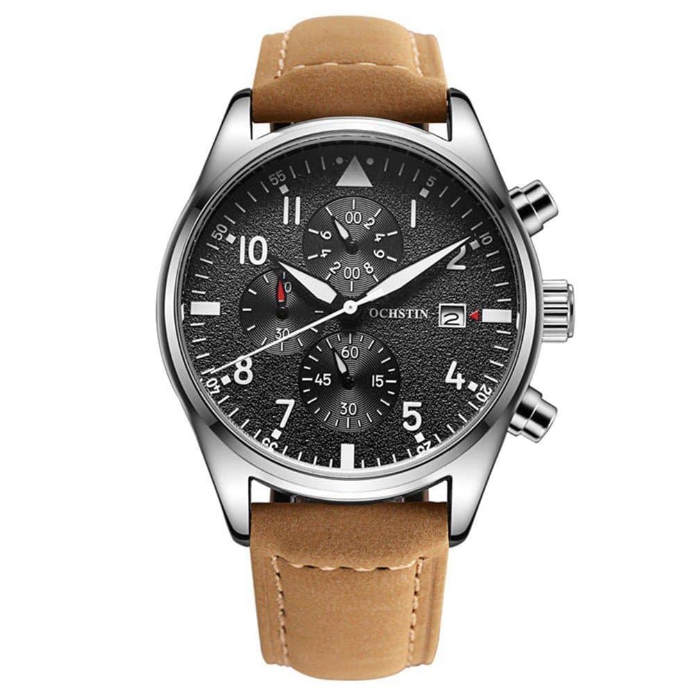 Watch,Mens Watch,Multifunctional Chronography Waterproof Watch,Mens Casual Business Genuine Leather Watch … (Brown)