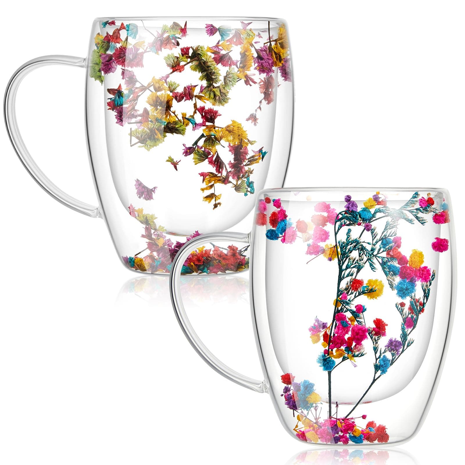 Rtteri 2 Pack Double Wall Glass Coffee Mugs with Dried Flower - 12oz Insulated Tea Cup, Clear Heat Resistant Borosilicate Floral Glassware for Women Mother’s Day Gift(Immortal Flower, Baby's Breath)