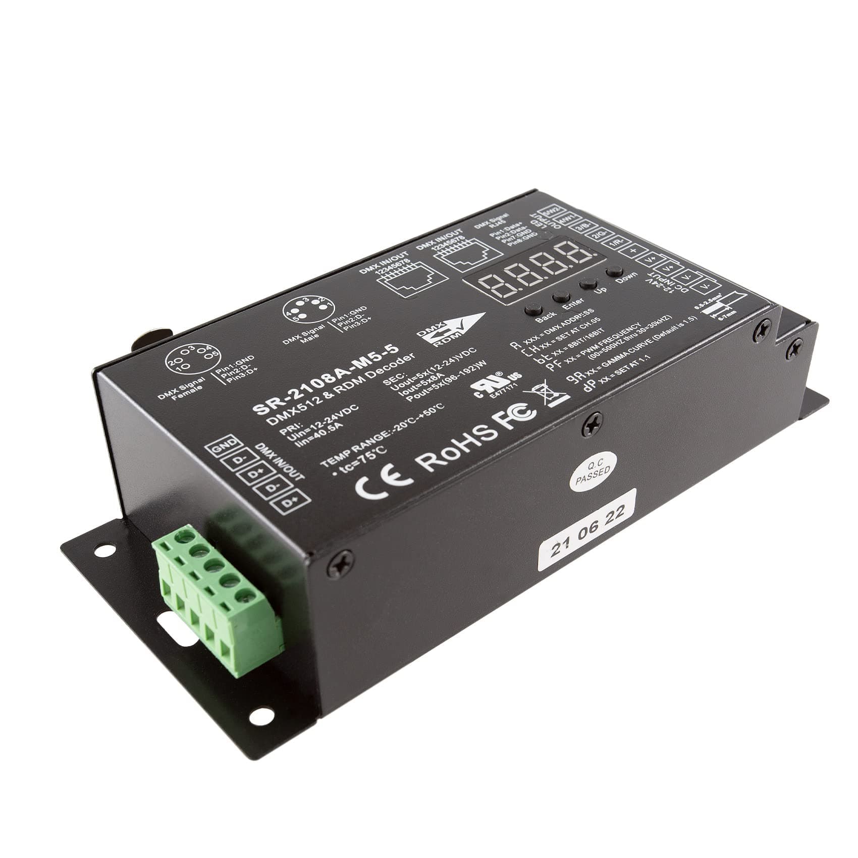 SIRS-E 5 Channel CV DMX RDM Digital PWM Decoder 8 / 16 bits for RGB & RGBW LED Lighting 12-24V DC UL Recognized Controller 5x8A Dimmer 5809 SR-2108A-M5-5