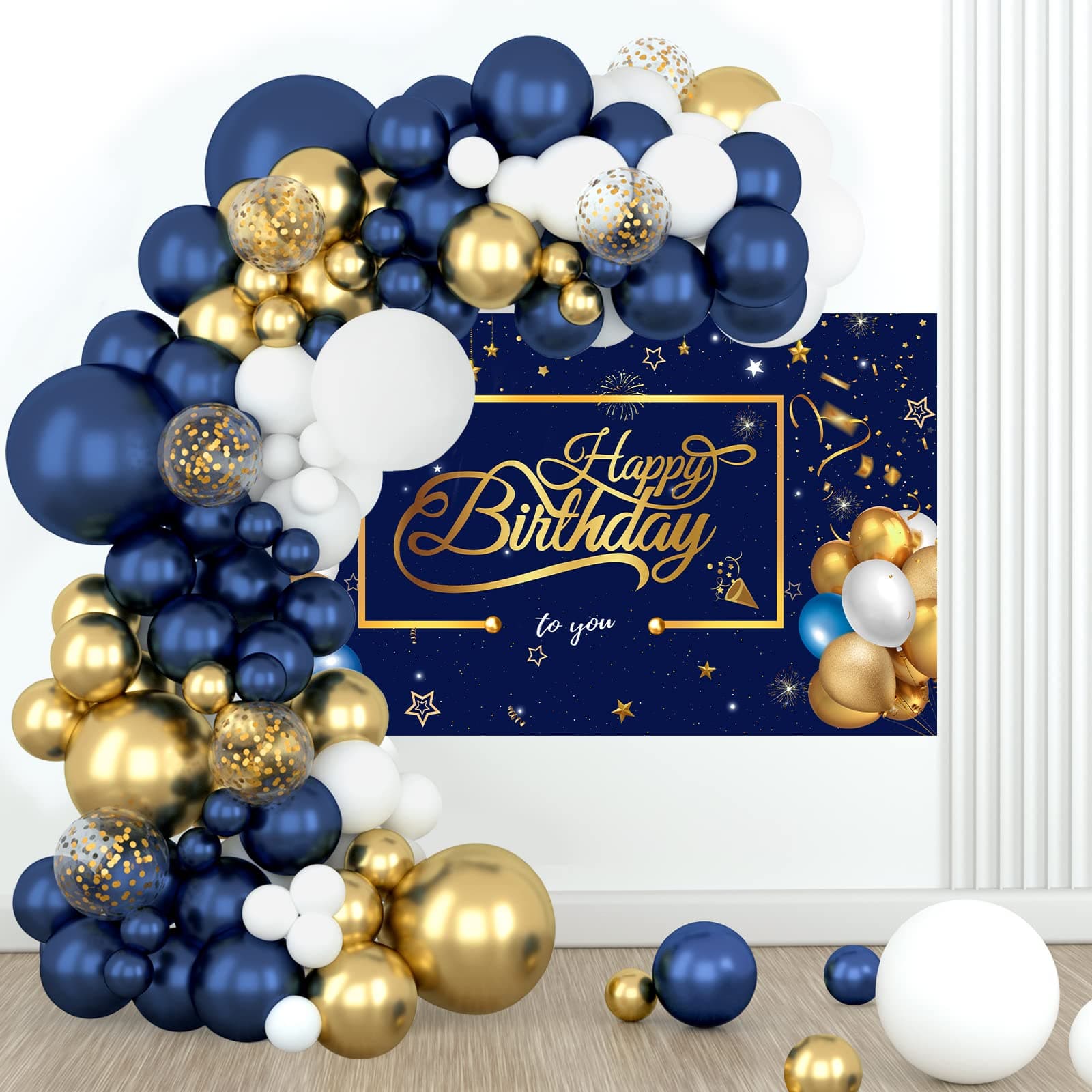 Navy Blue Balloon Arch Kit with Happy Birthday Backdrop, 98Pcs Navy Blue and Gold Balloon Garland Arch Kit with White Gold Latex Balloon for Men Boy Birthday Party Decoration, Space Party