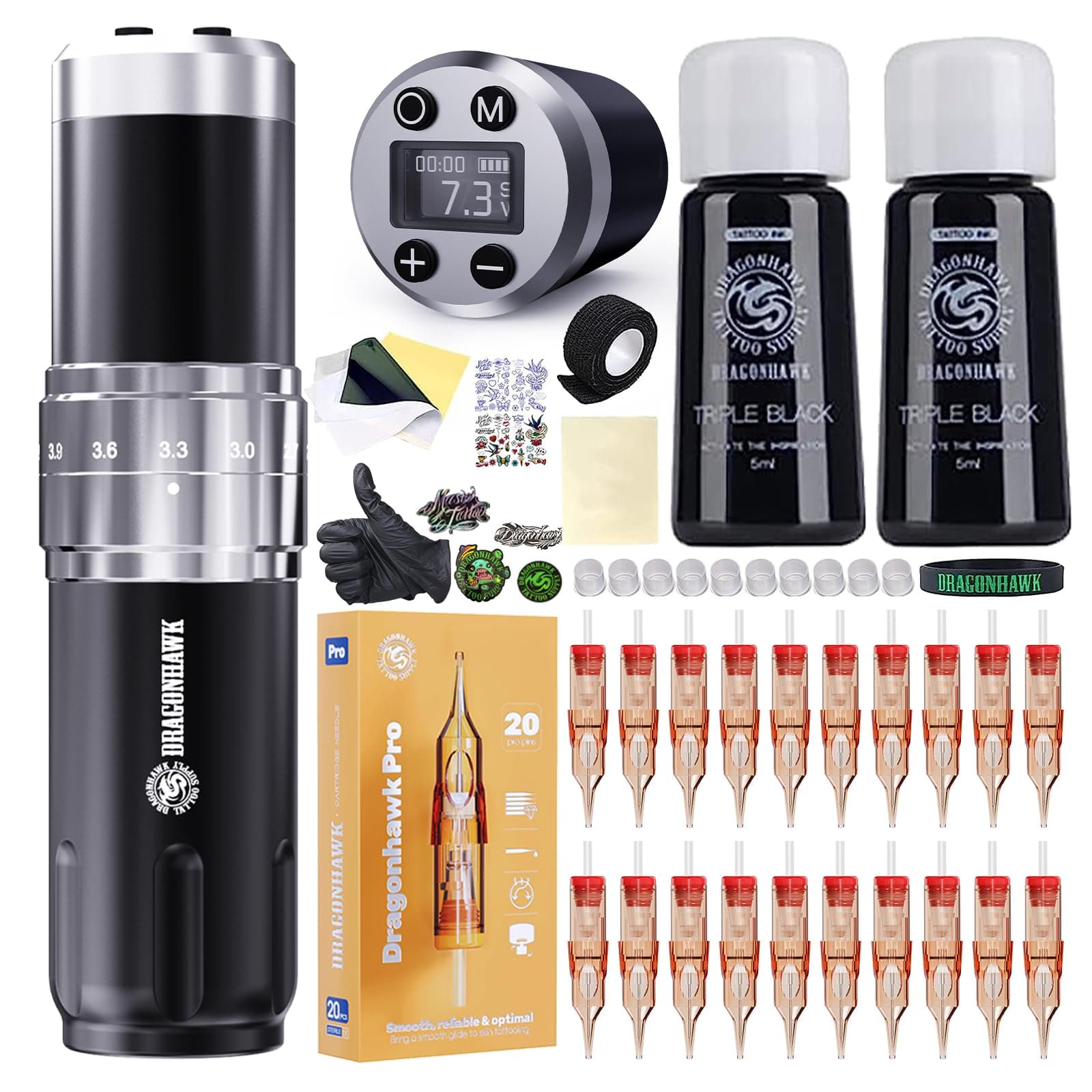 Dragonhawk Wireless Tattoo Gun Kit, Rotary Tattoo Machine Pen with 2 Batteries Power Supply, 20 Count Extra Smooth Needles Cartridges, Adjustable 7 Strokes Length for Beginners