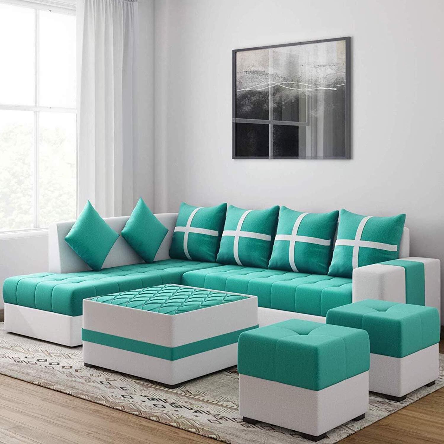 Torque Jamestown L Shaped Sofa 8 Seater with Centre Table and Poufs Left Side-Aqua Blue | L Shape Sofa Set 8 Seater | Sectional Sofa Set for Living Room Festival Gifts