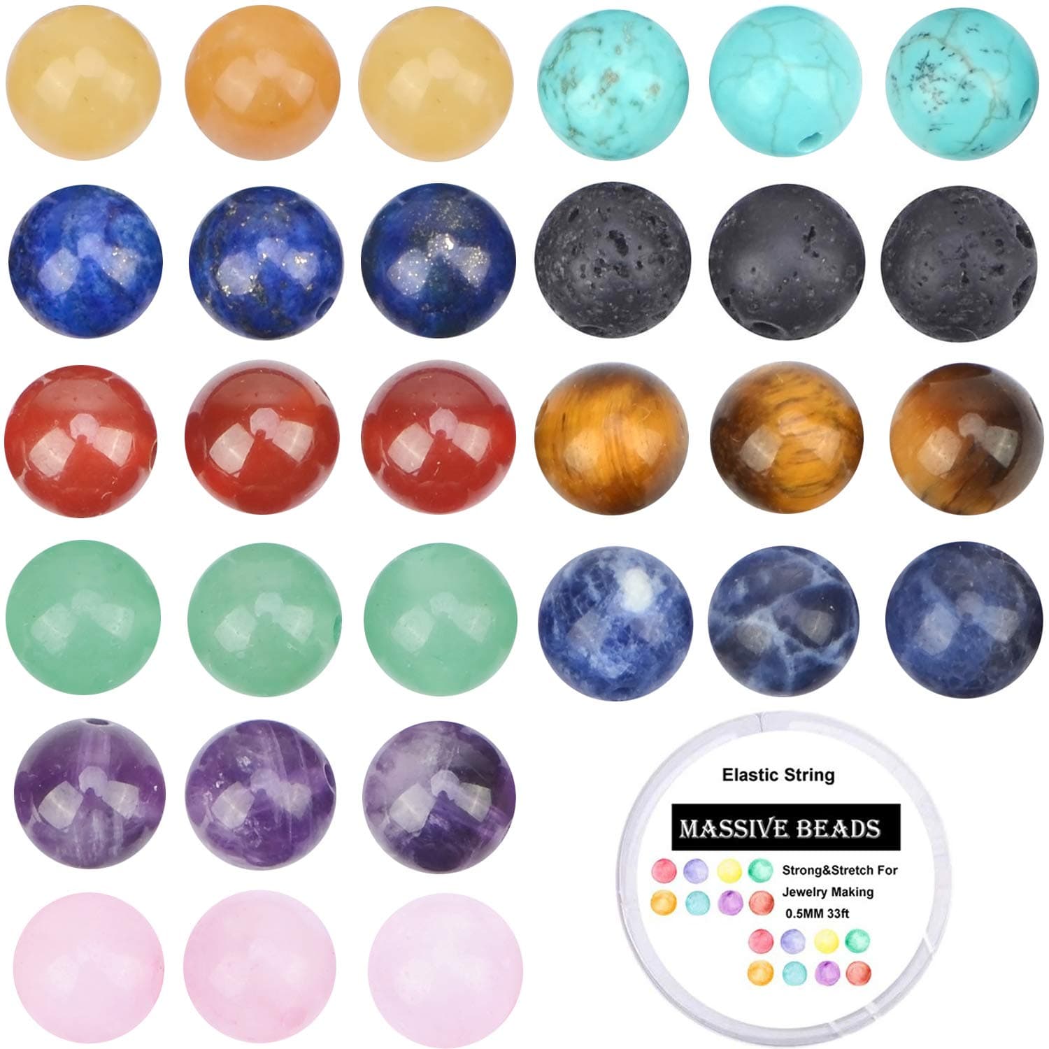 80Pcs Natural Crystal Beads Stone Gemstone Round Loose Energy Healing Beads with Free Crystal Stretch Cord for Jewelry Making (Mixed Colors A, 10mm)