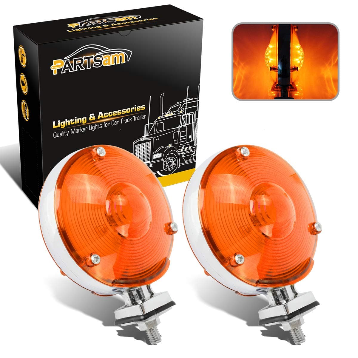 Partsam 2Pcs LED 4" Round Double Face Star Led Turn Signal Lights Chrome Amber 24 Diodes, Double Face Star Led Pedestal Lights, Dual Face Led Truck Trailer Lights