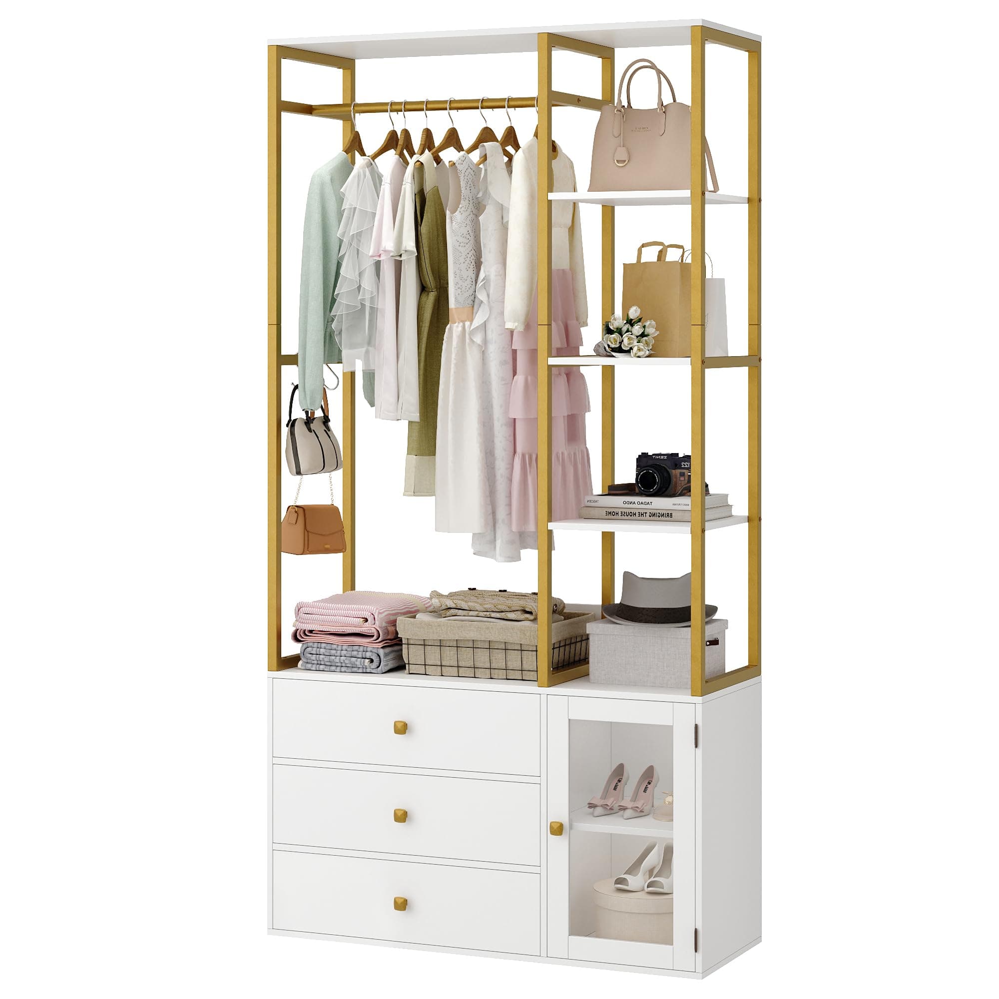 Closet System Organizer, 81.3” H Wardrobe Closet with 3 Wooden Drawers, Clothes Rack with Hanging Rods, 4 Tiers Shelves, Metal Frame, White and Gold