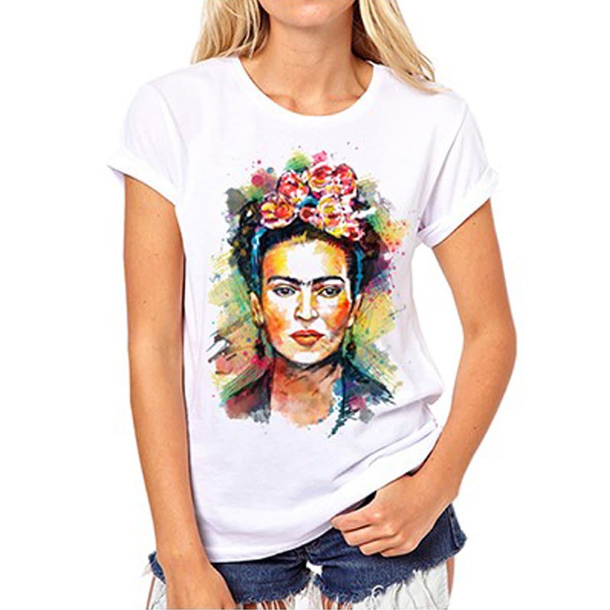 ZMLIA Frida Kahlo Graphic Tee Crew Neck Short Sleeve Plus Size Summer Women's T-Shirt White