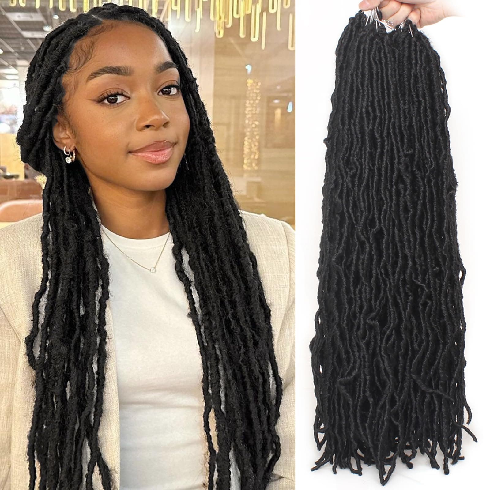 Leeven New Soft Faux Locs Crochet Braids Hair 24 Inch Long Distressed Goddess Locs 6 Packs Natural Black Pre Looped Messy Butterfly Locs Curly Wavy Synthetic Hair Extensions for Women #1B