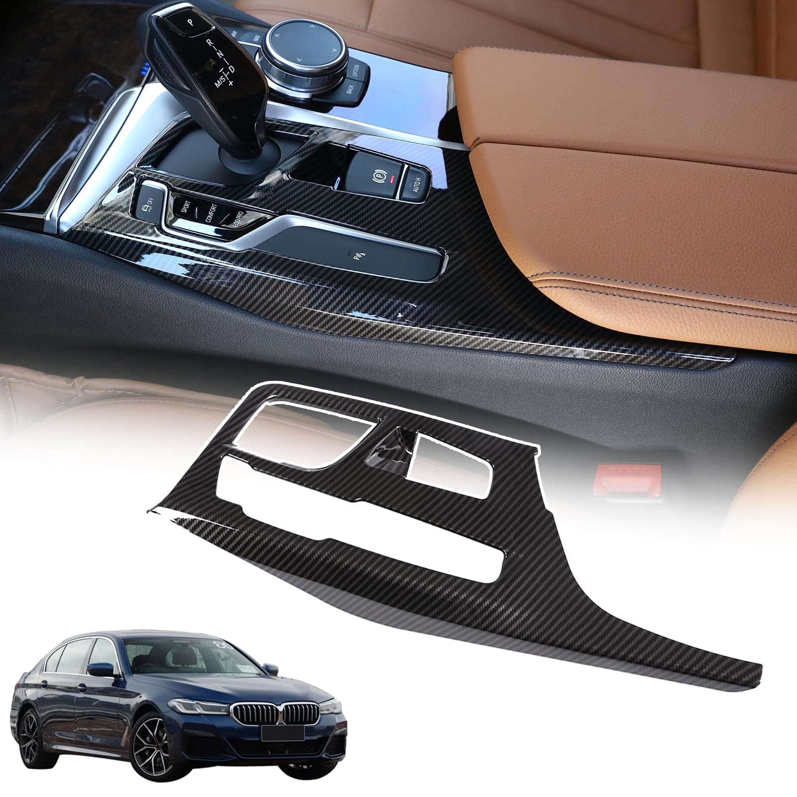 Sekhyna Car Control Shift Knob Panel Gear Button Trim Frame Compatible with BMW 5 Series G30 G38 2018-2022 Center Console Gear Shift Panel Decor Cover Interior Accessories 1PCS (ABS Carbon)