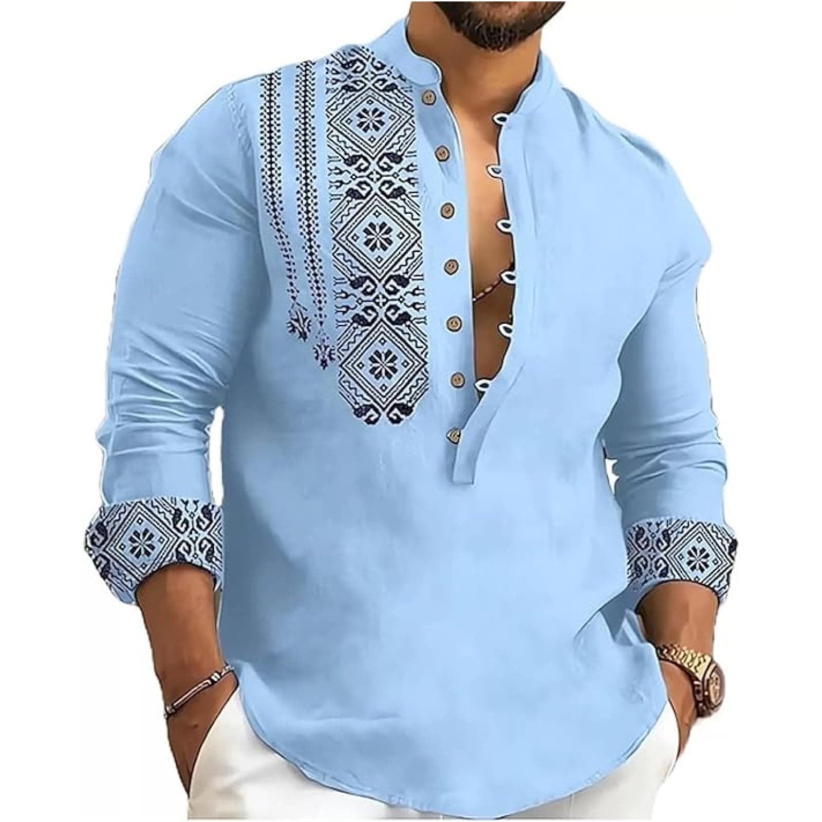 DEELMO Men's Cotton Blend Mandarin Collar Self One Design Full Sleeve Casual Short Kurta