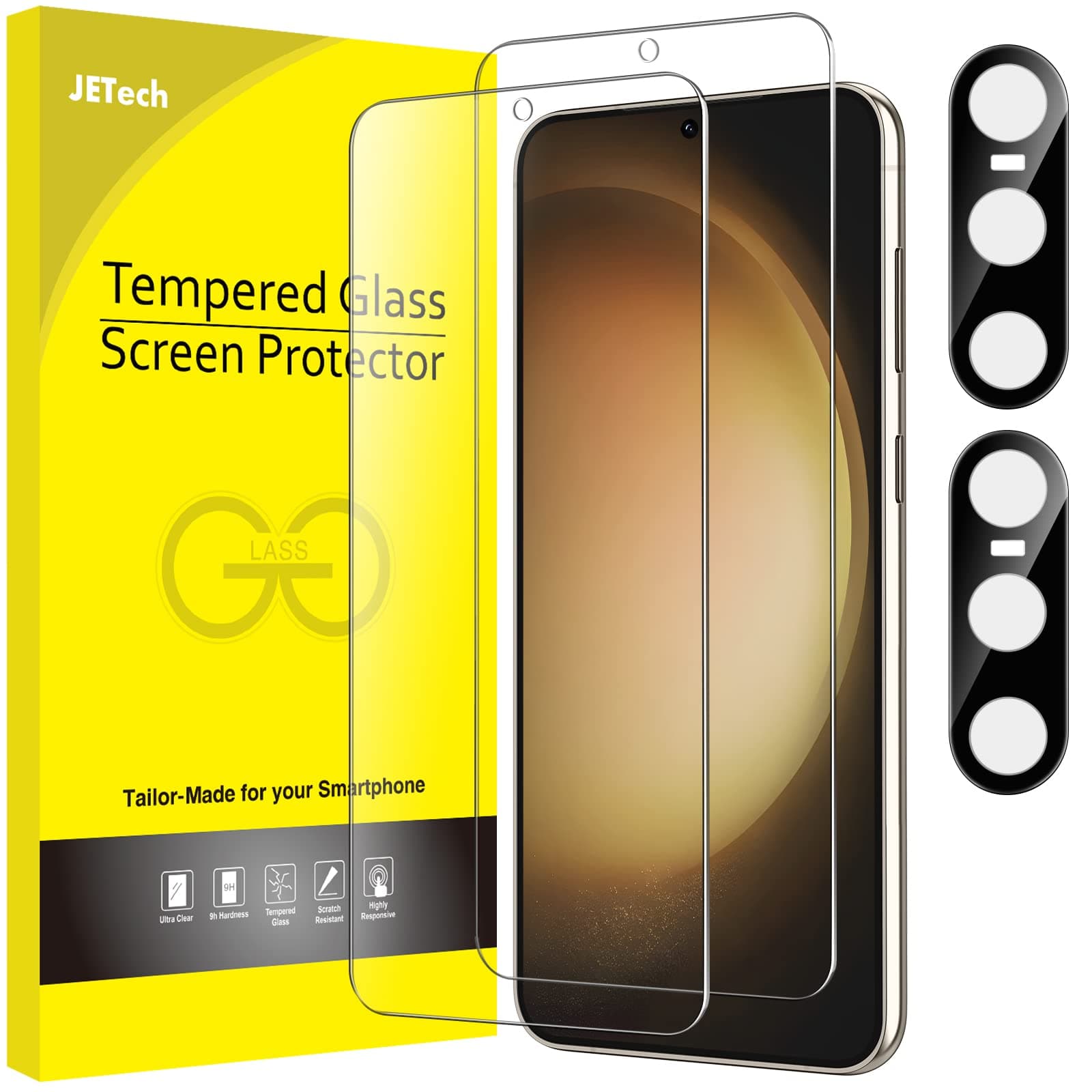 Screen Protector for Samsung Galaxy S23 5G 6.1-Inch with Camera Lens Protector, Tempered Glass Film, Fingerprint ID Compatible, HD Clear, 2-Pack Each