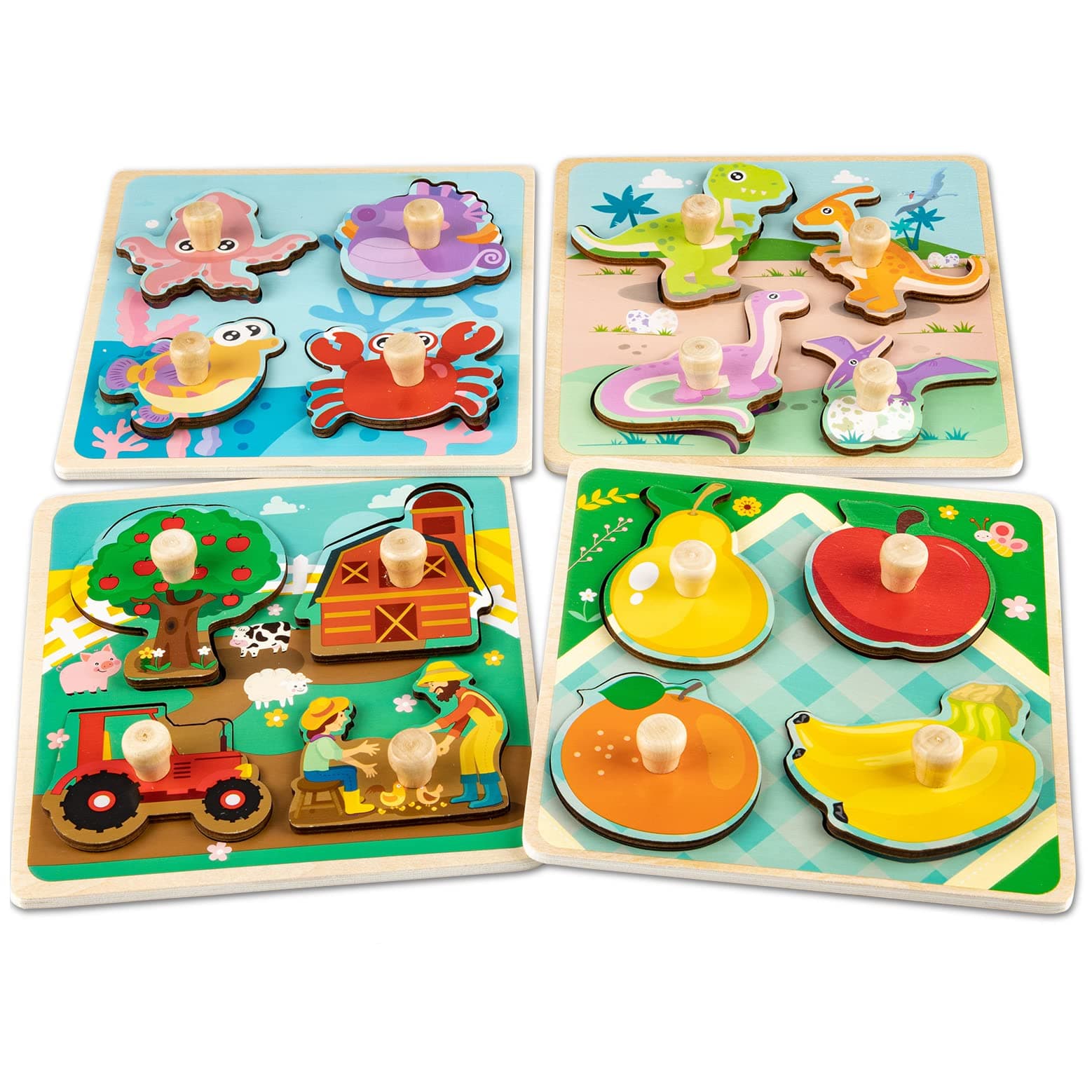 Wooden Toddler Puzzles - 4 Pcs Eco-Friendly Animal Patterns Jigsaw With Handles - Infant Kid Fine Motor Skill Learning Educational Montessori Toys for 1-3 Years Old