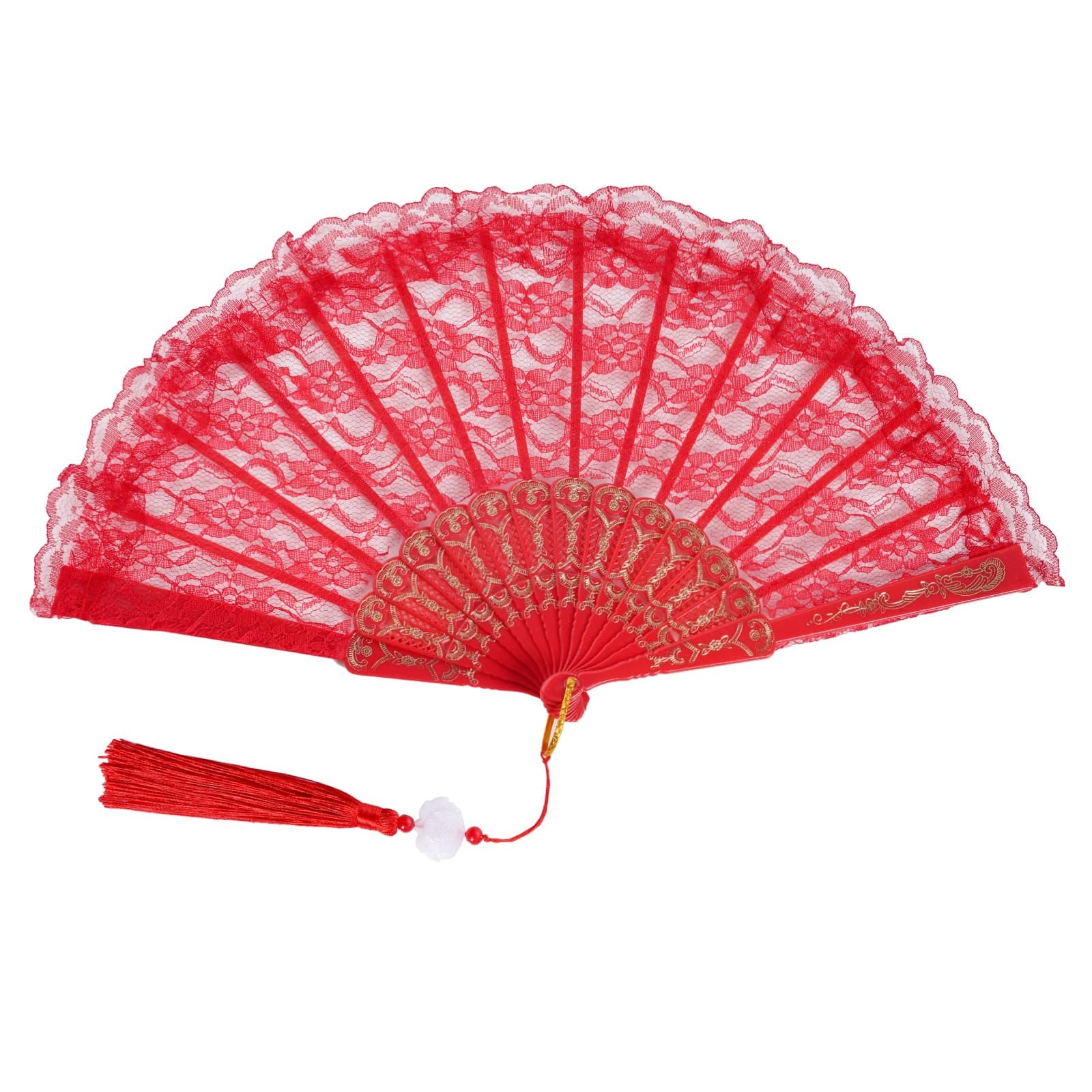 Lace Handheld Folding Fan Embroidered Flower Bridal Hand Fan Chinese Japanese Vintage Fan for 1920s Costume Wedding Dancing Tea Party (1, Red)