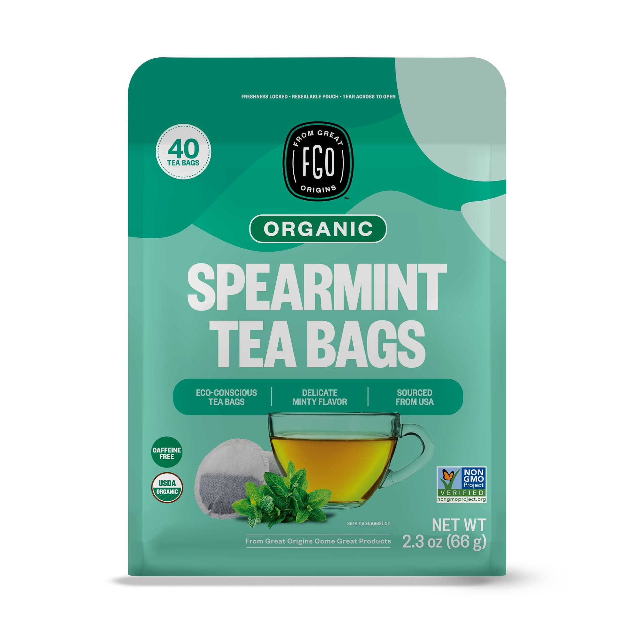 Organic Spearmint Leaf Herbal Tea, 40 Count, Eco-Conscious Tea Bags, Caffeine Free, (Pack of 1)