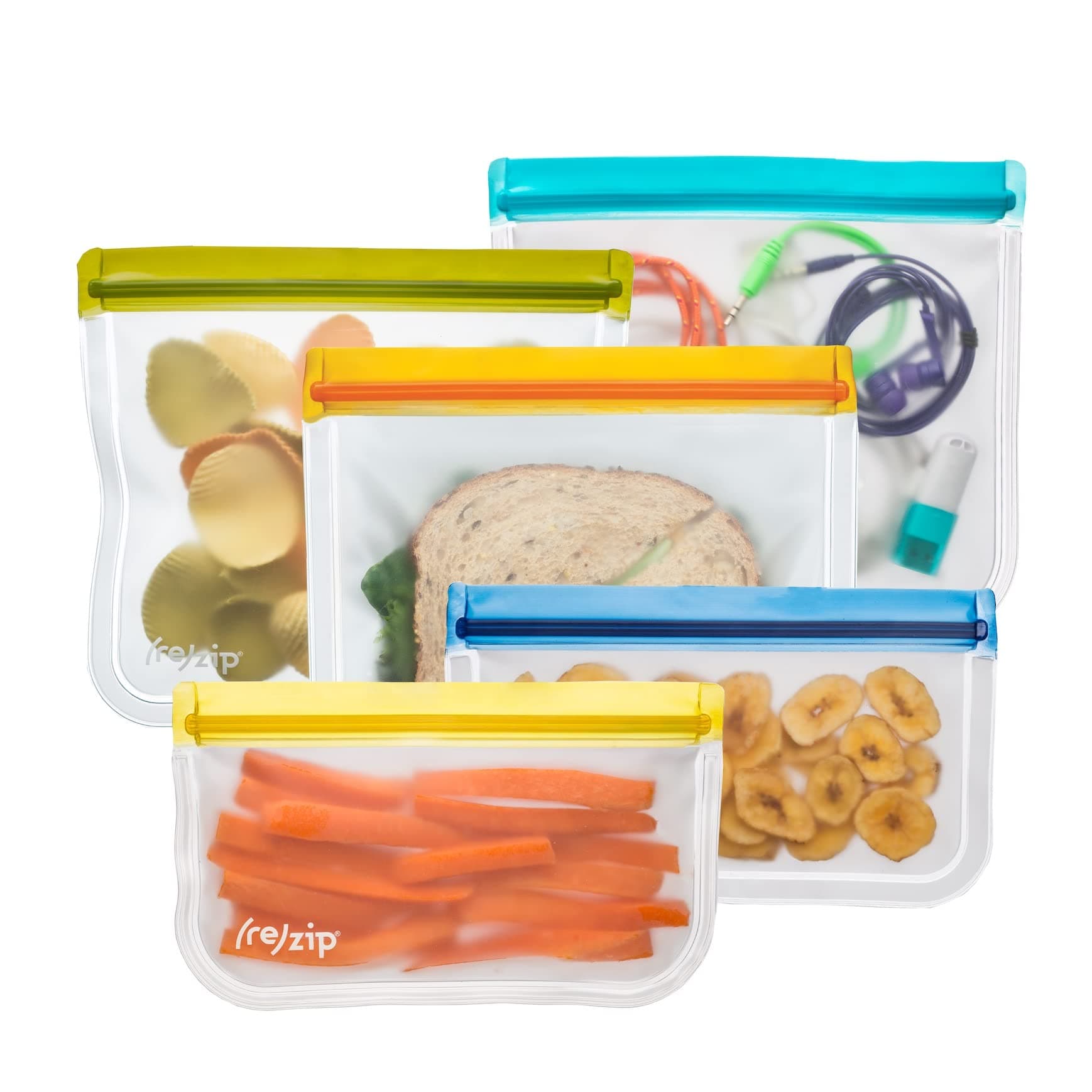 (re)zip 5-Piece Flat Lunch Reusable BPA-Free Food Grade Storage Bag Kit, Leakproof, Freezer Safe, Dishwasher Safe, Travel Friendly, (3) Lunch (3.5-Cup/28-Ounce), (2) Snack 1-Cup/8-Ounce, (Multicolor)