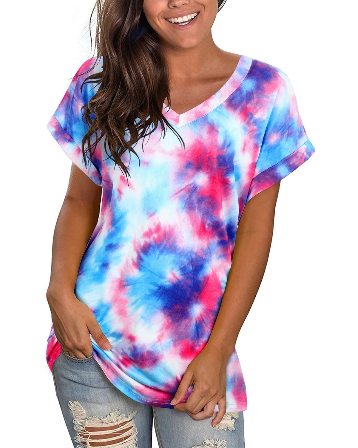 GOOTUCH Womens Summer Tops Tie Dye Short Sleeve Shirt V Neck T Shirts Casual Loose fit Blouses