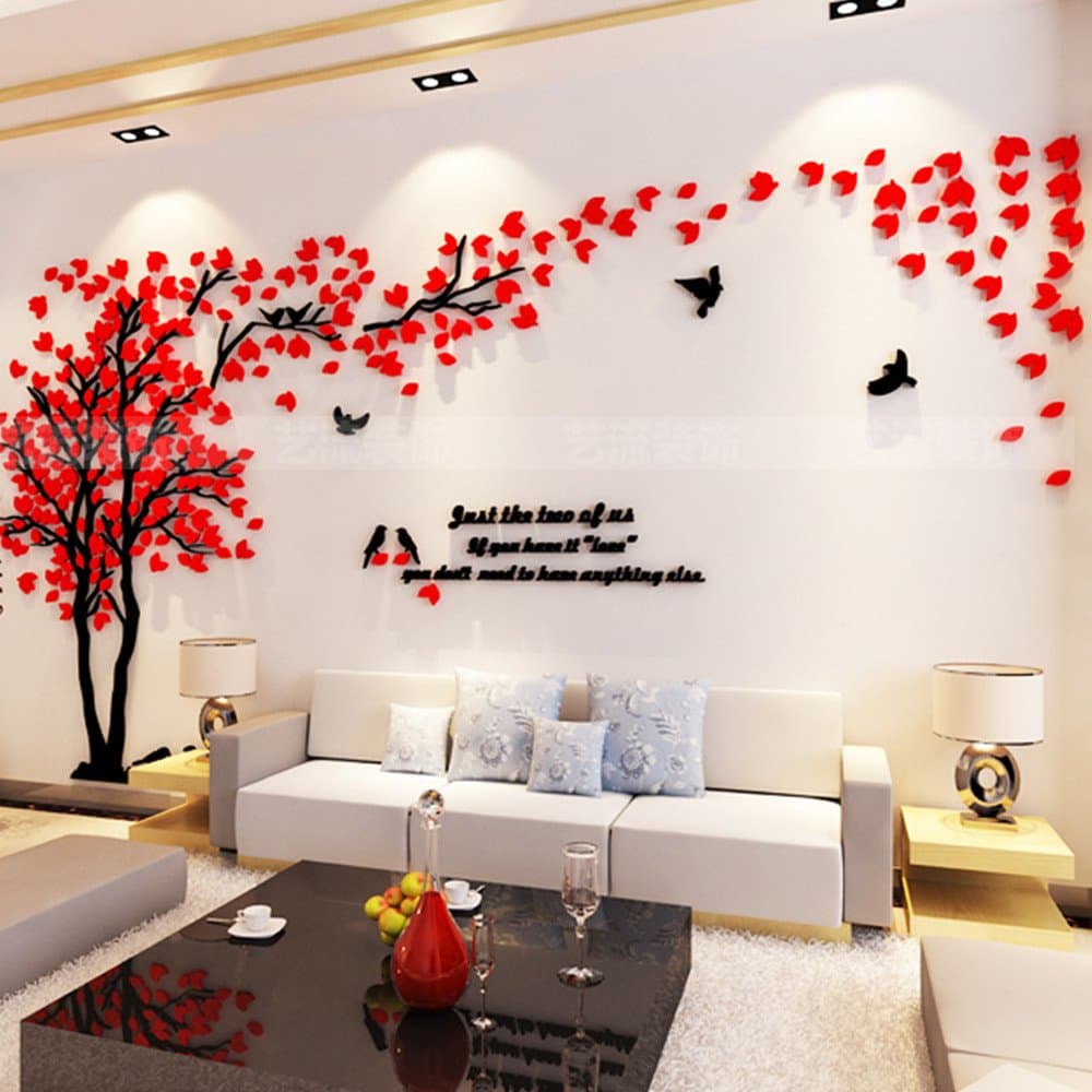 DIY 3D Huge Couple Tree Wall Stickers Crystal Acrylic Wall Decals Wall Murals Home Decorations Arts (XL, Red, Right)