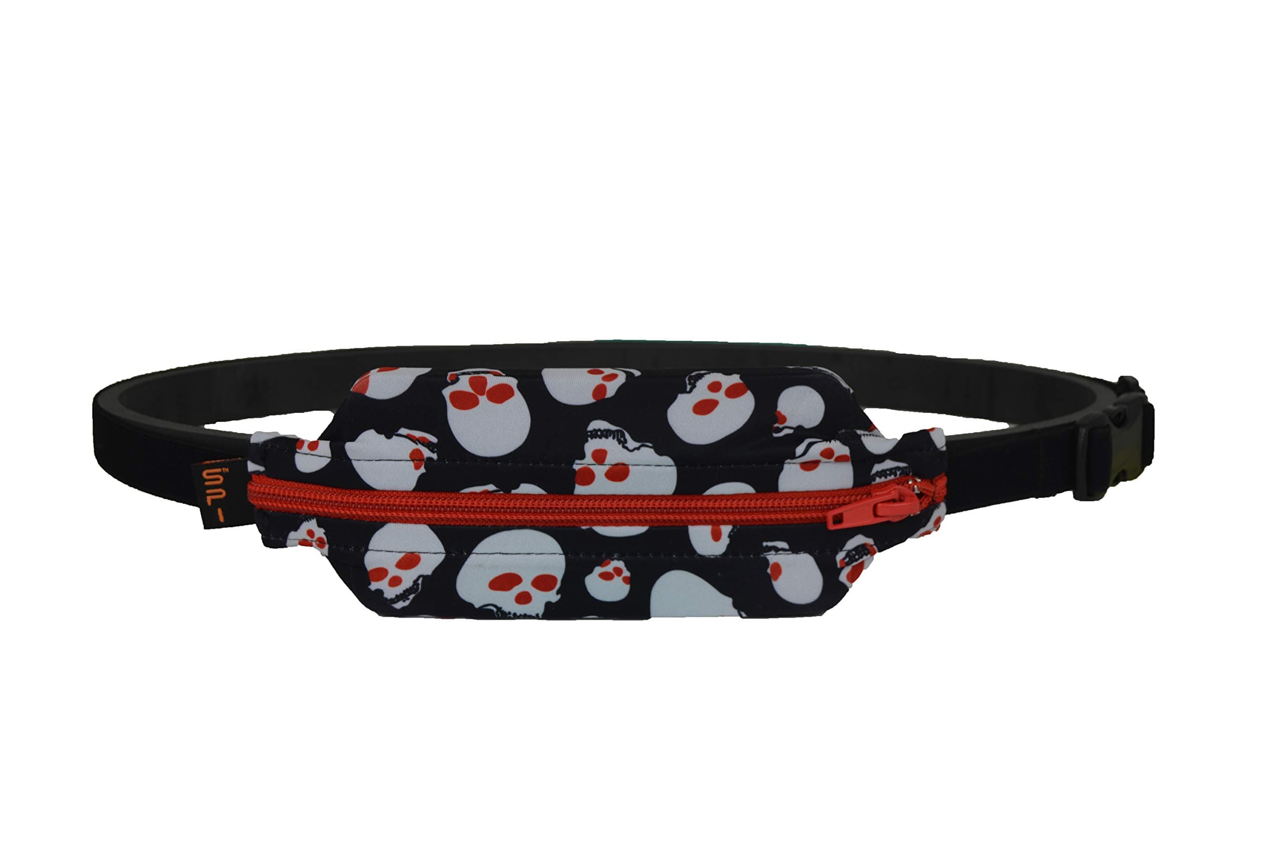 SPIbelt Kids No-Bounce Belt with Hole for Insulin Pump, Medical Devices or Headphones for Active Kids! (Skull with Red Zipper)