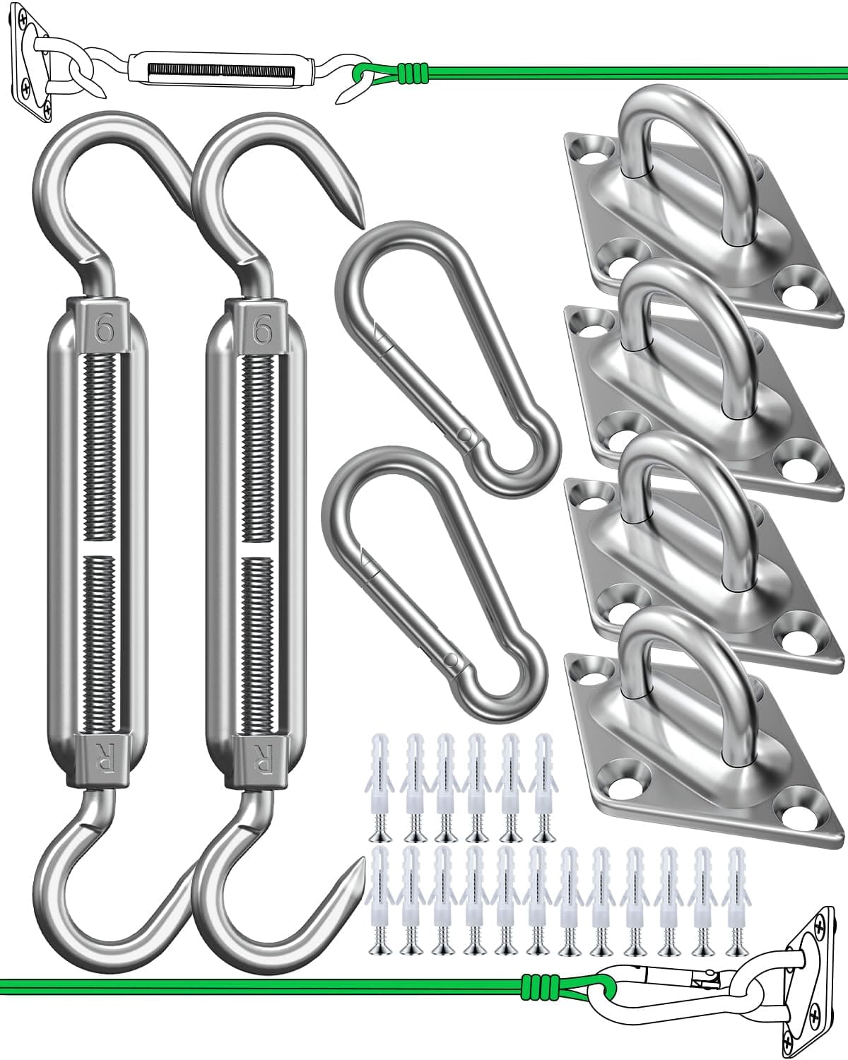 EVERSEE Sun Shade Sail Hardware Kit 6-8 inch 304 Stainless Steel for Rectangular/Square/Triangle Sun Shade Sail Installation Patio Lawn and Garden, Heavy Duty Anti-Rust Sail Shade Hardware Kit, 40 Pcs