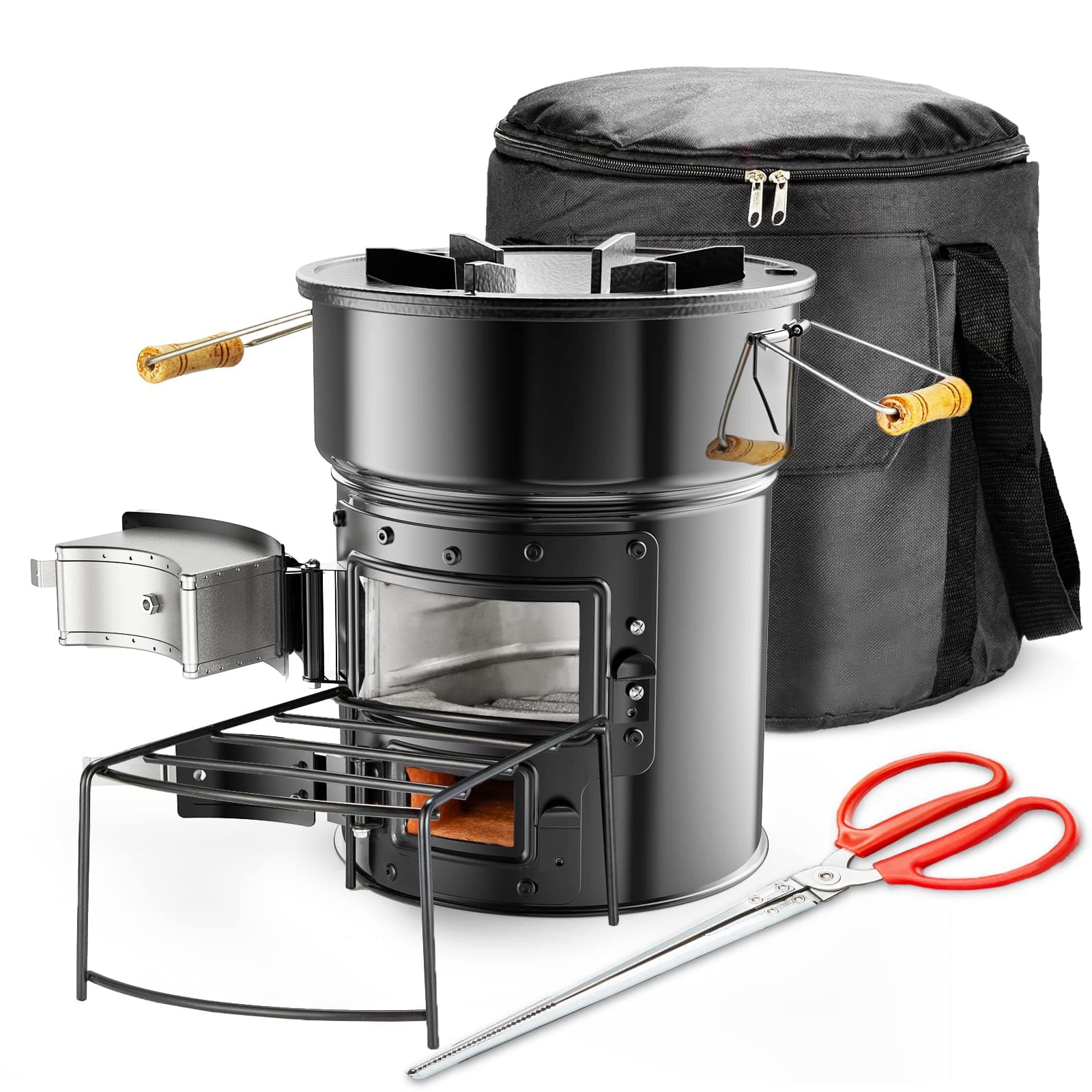 Rocket Stove, Portable Outdoor Wood Burning Stove with Handle/Shelf/Tongs/Carry Bag, Camping Stove for Backpacking, Outdoor Cooking, BBQ, RV, Bushcraft, Heating and Outer Survival