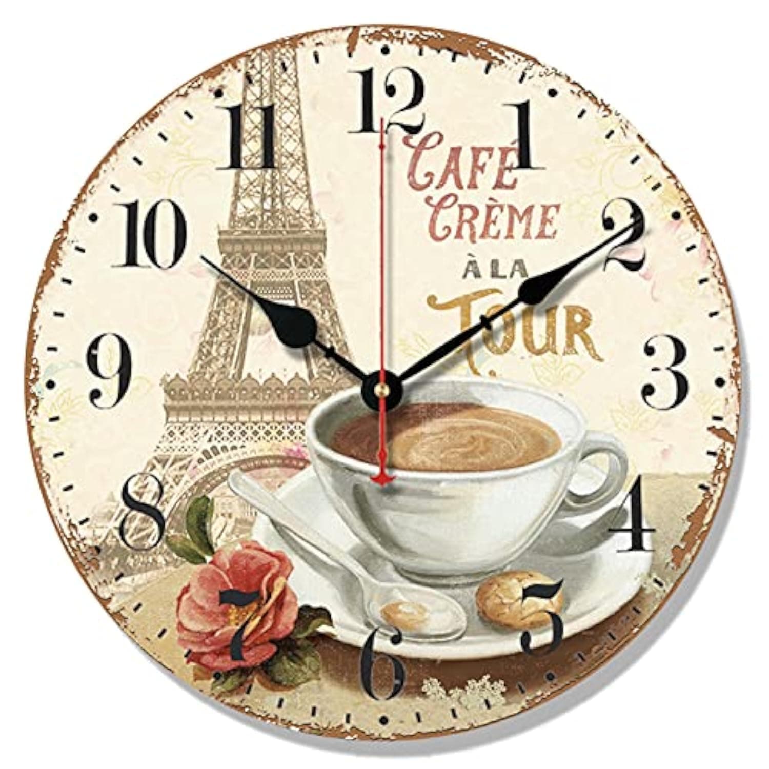 Telisha Wooden Wall Clock Paris French Eiffel Tower Coffee Cup Clock Retro Vintage Large Clock Home Decorative Country Non -Ticking Silent Quiet 14 Inch Gift