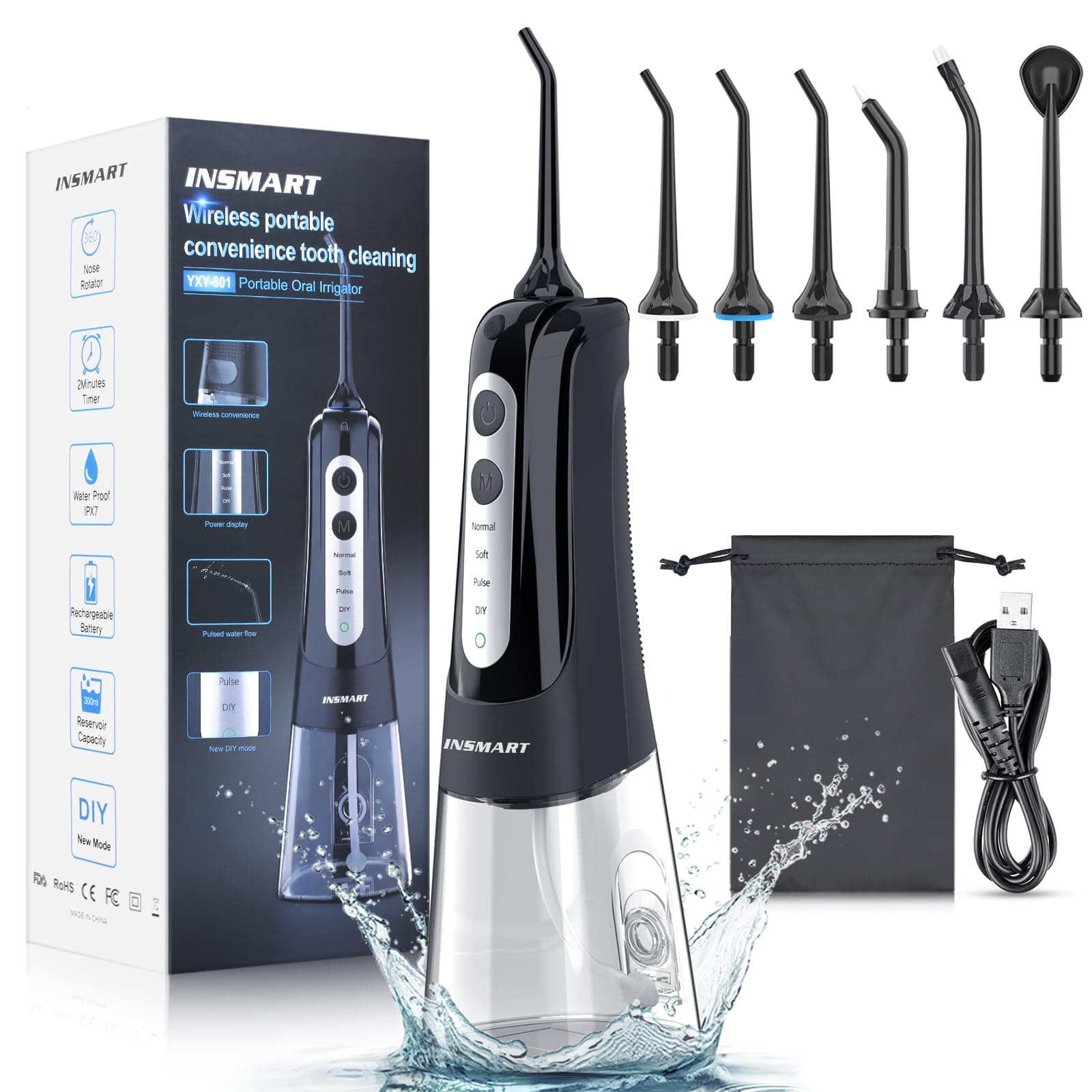 Cordless Water Dental Flosser Teeth Cleaner, INSMART Professional 300ML Tank DIY Mode USB Rechargeable Dental Oral Irrigator for Home and Travel, IPX7 Waterproof 6 Modes Irrigate for Oral Care