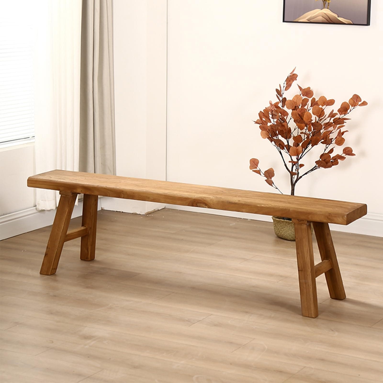 Farmhouse Indoor Wooden Living room Dining Bench, Asian Natural Wood Kitchen Entryway Bench with Armless Design and Short Height, Solid Wood Shoe Bench Entryway Benches，Brown(100*26*45cm/39.3*10.2*17.