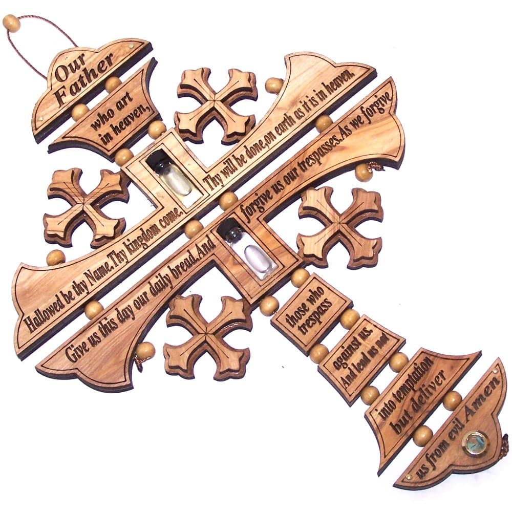 Holy Land Market Byzantine Olive wood Cross with Lord prayer made by Laser technology (10 inches)
