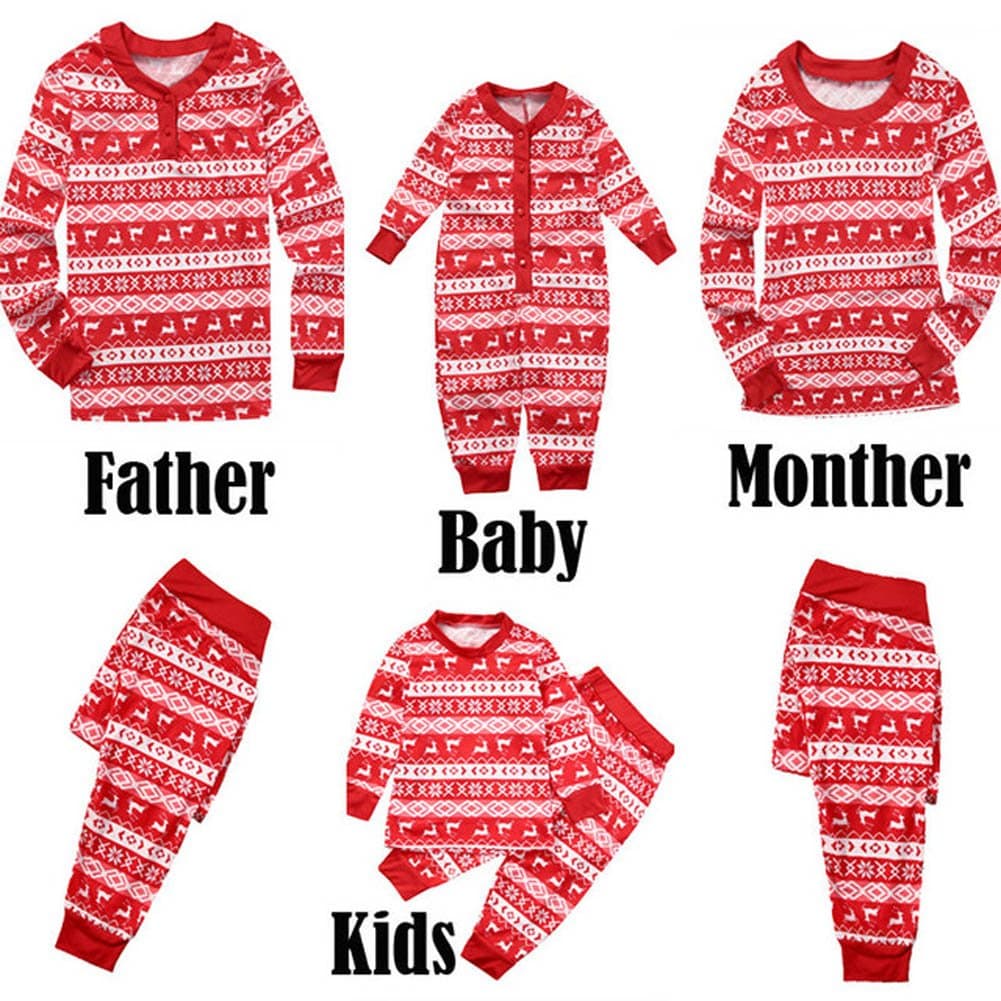 Family Matching Christmas Pajamas Set Mom Dad Kids Baby Reindeer Xmas Sleepwear Red