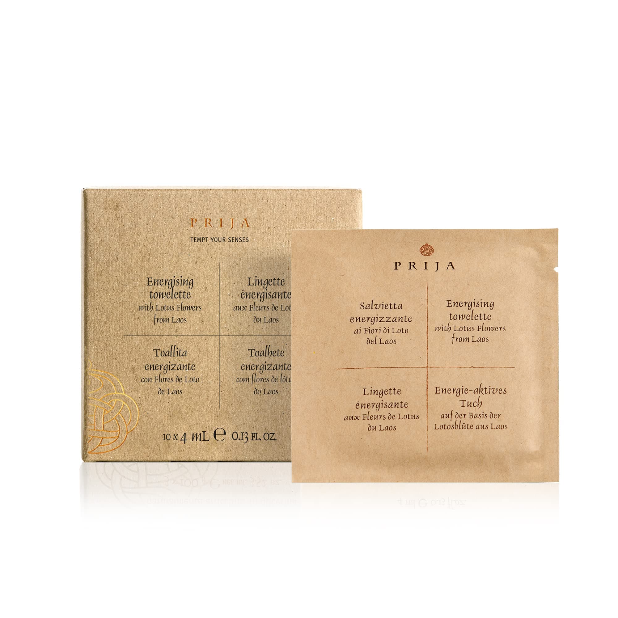 PrijaTowelette Gift Pack with Lotus Flowers (Includes 10 wipes) - Energizing, Moisturizing and Sanitizing - Dermatologically Tested - 100% Natural Viscose - 100% Recycled Paper