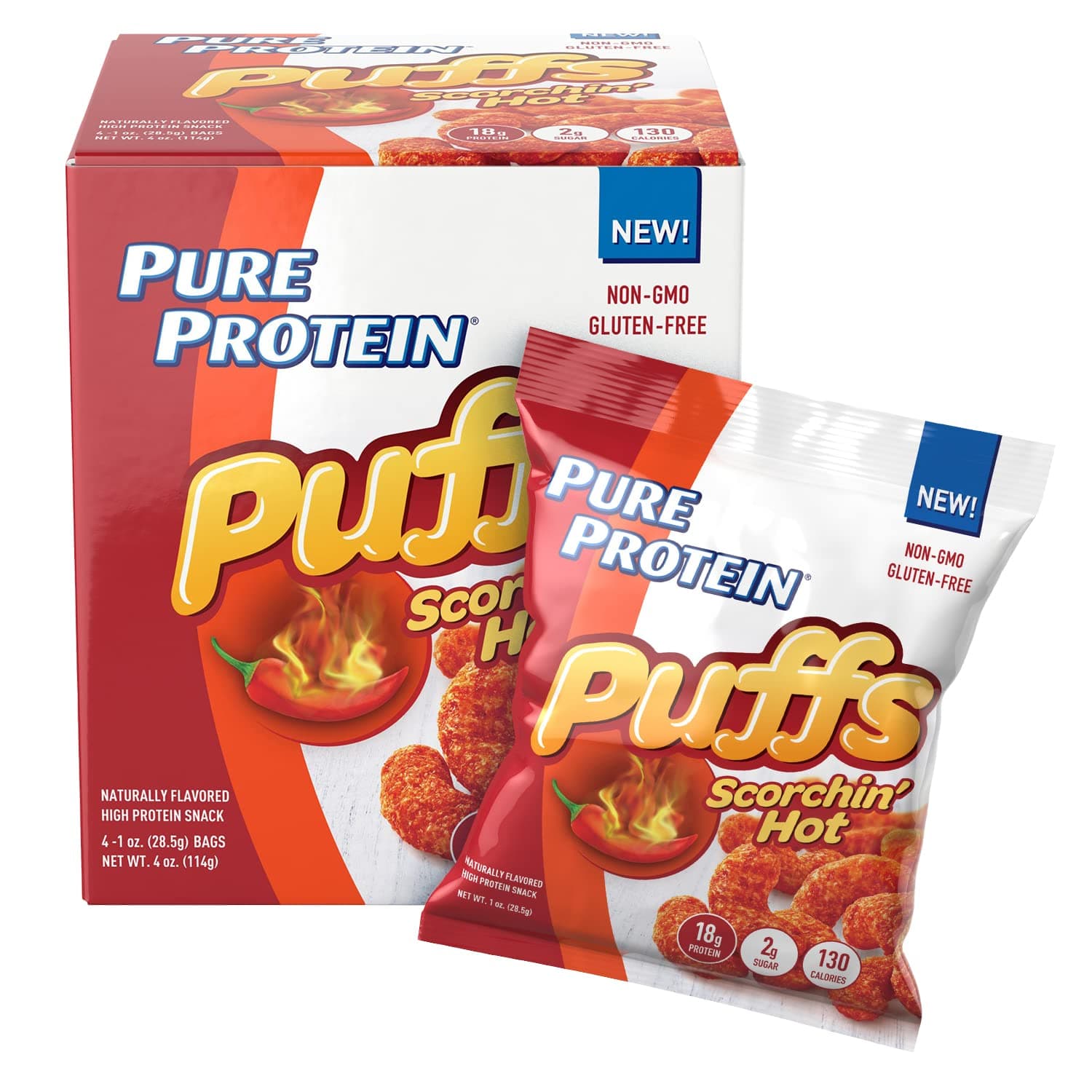 Pure Protein Puffs, Scorchin’ Hot, High Protein Snack, 18G Protein, 1.05 oz, 4 Count (Packaging may vary)