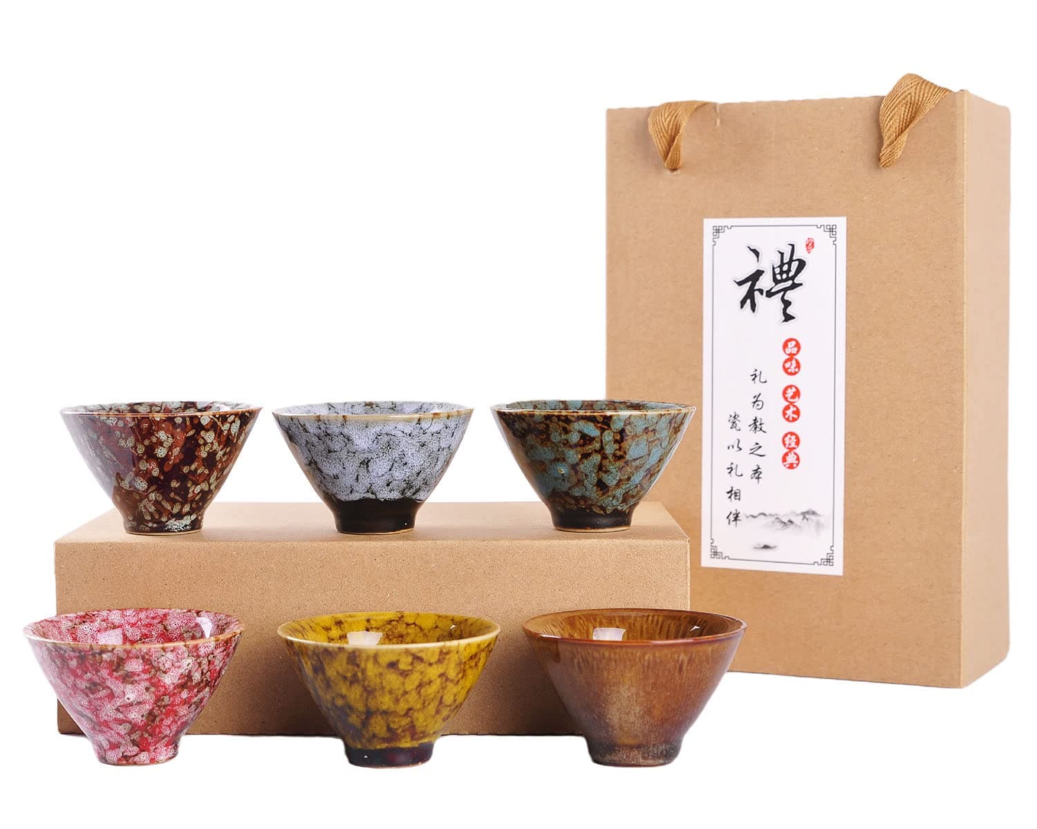 WHJY Ceramic, Japanese Sake Cups, Traditional Chinese Kung Fu Tea cups set Kiln Change Glazed. set of 6, 60ml/2oz