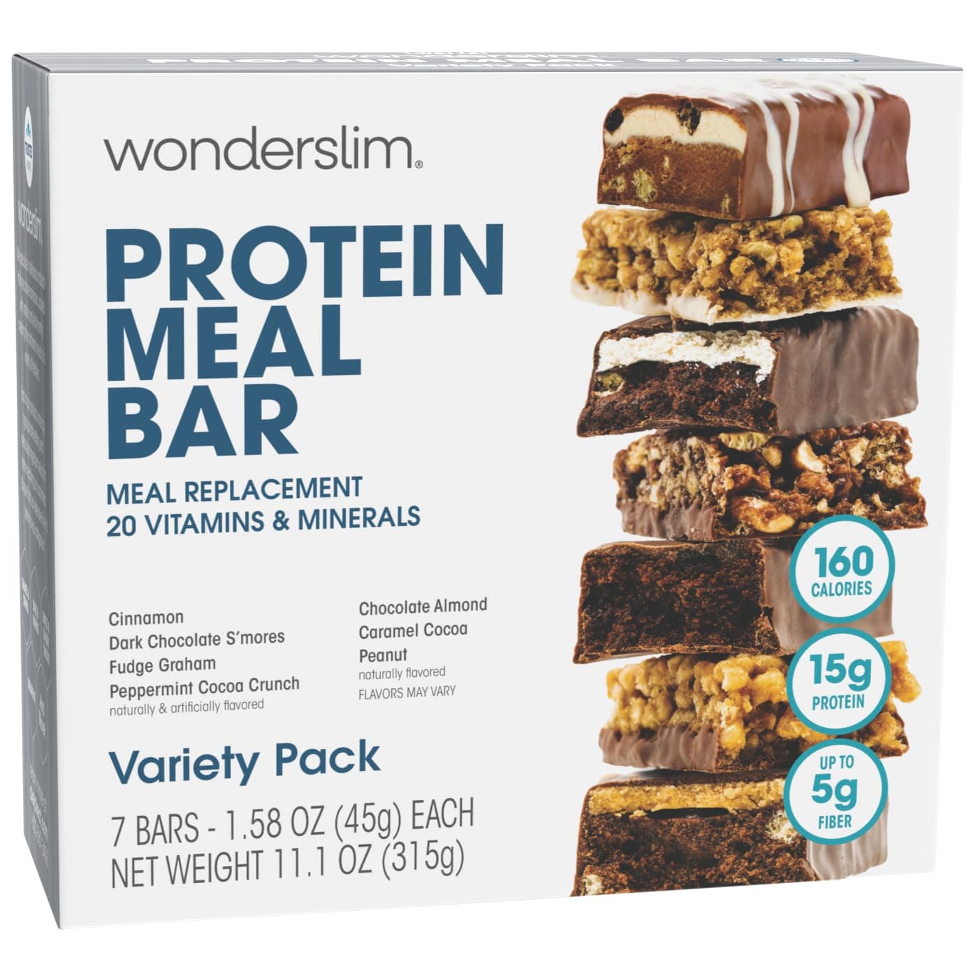 WonderSlim Meal Replacement Protein Bar, Variety Pack, 15G Protein, 20 Vitamins & Minerals, Gluten Free (7Ct)