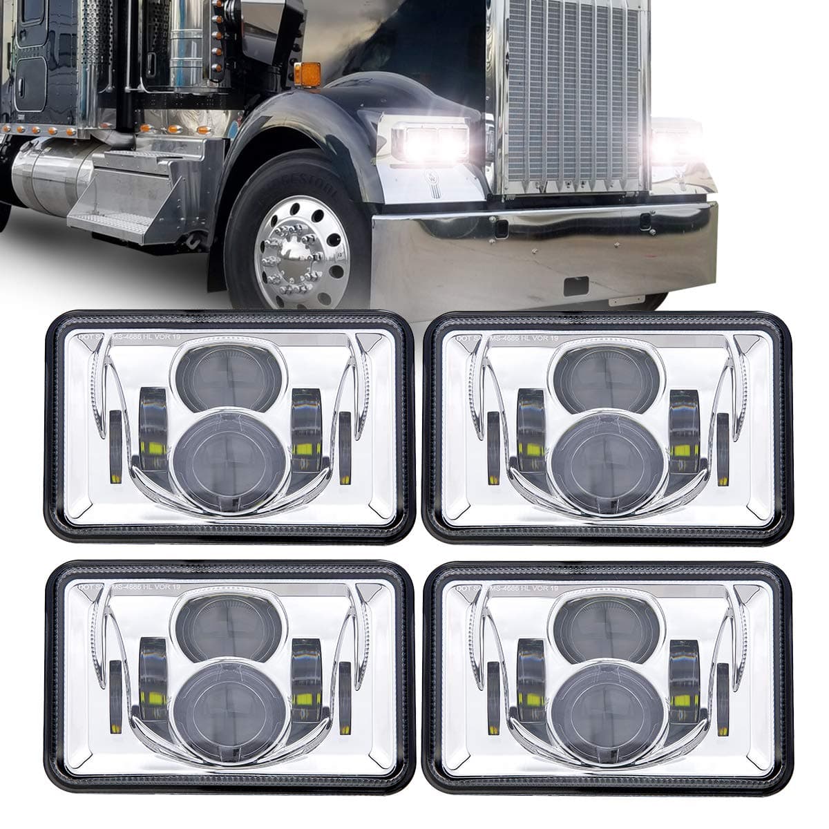 TRUCKMALL 4x6 inch LED Headlights Set Kit Lights Lamps Accessories Compatible with H4651 H4652 H4656 H4666 H6545 for Peterbil Kenworth Freightinger Ford Probe Chevrolet Oldsmobile Cutlass Chrome 4PCS