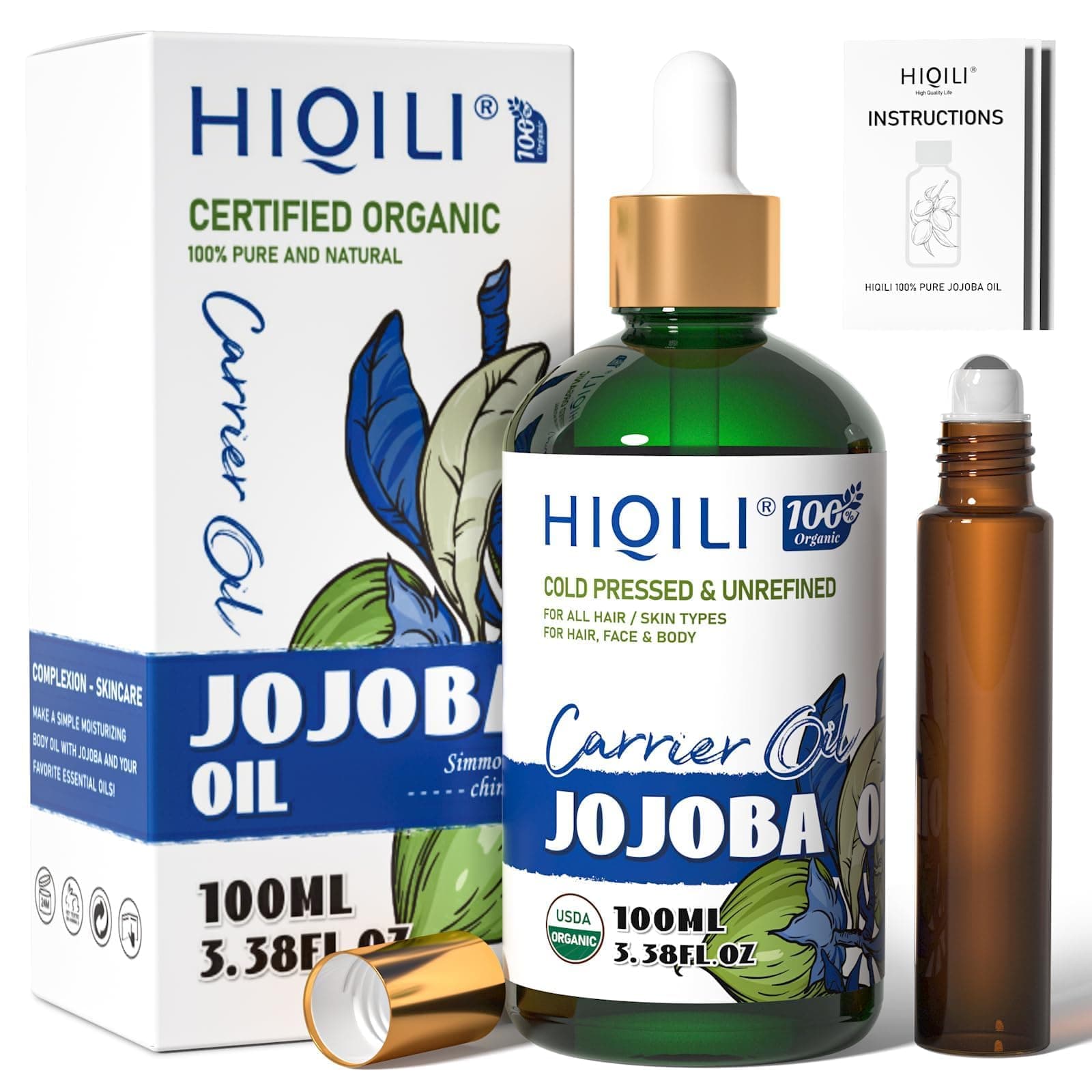 Jojoba Oil, Cold Pressed Unrefined Jojoba Carrier Oil Fitting for Skin, Hair Growth, Nails, Massage, Body Care -3.38 Fl Oz
