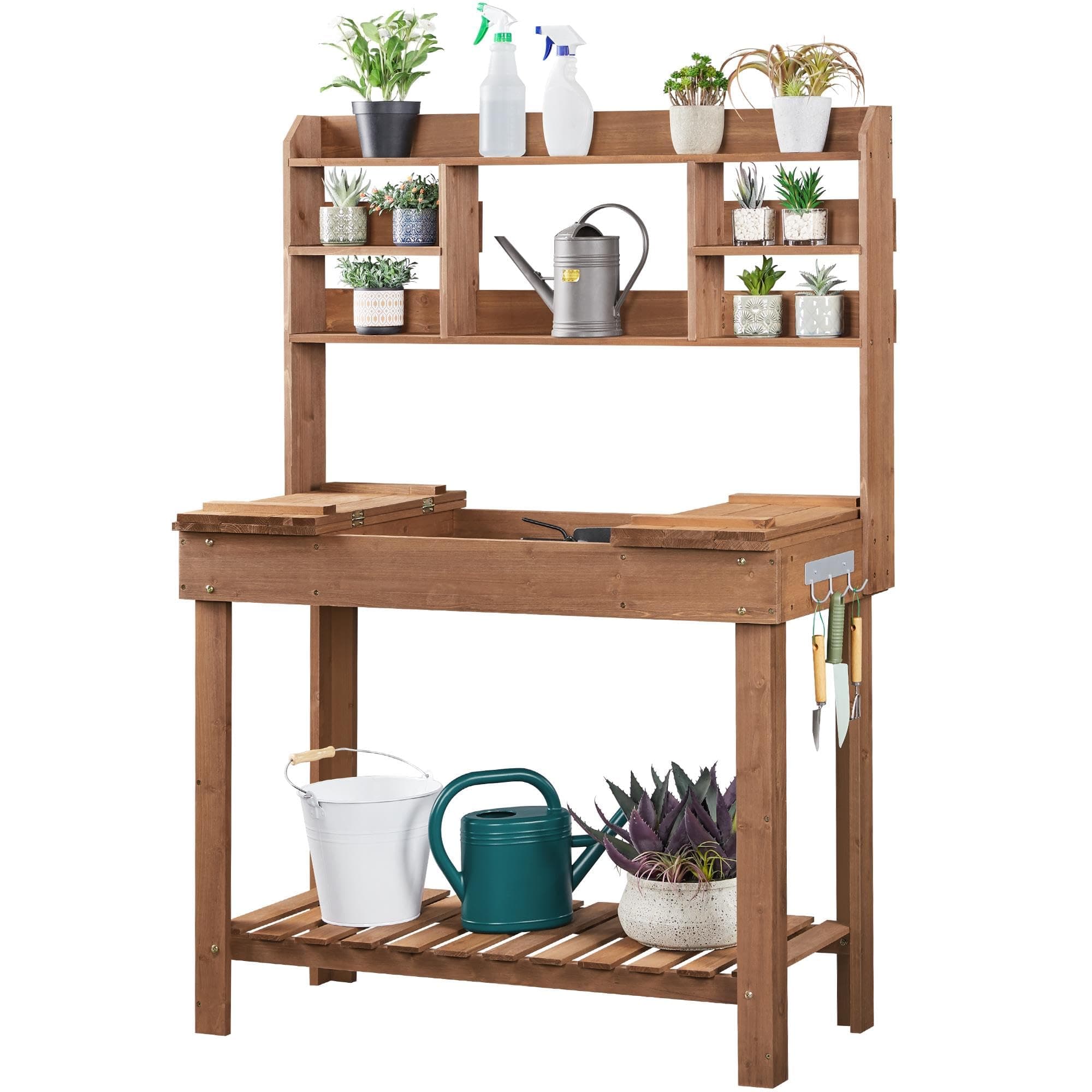 Yaheetech Potting Bench Table Horticulture Germination Table & Outdoor Garden Work Bench Platform w/Display Rack/Storage Shelf/Hanger/Thoughtful Sink Brown