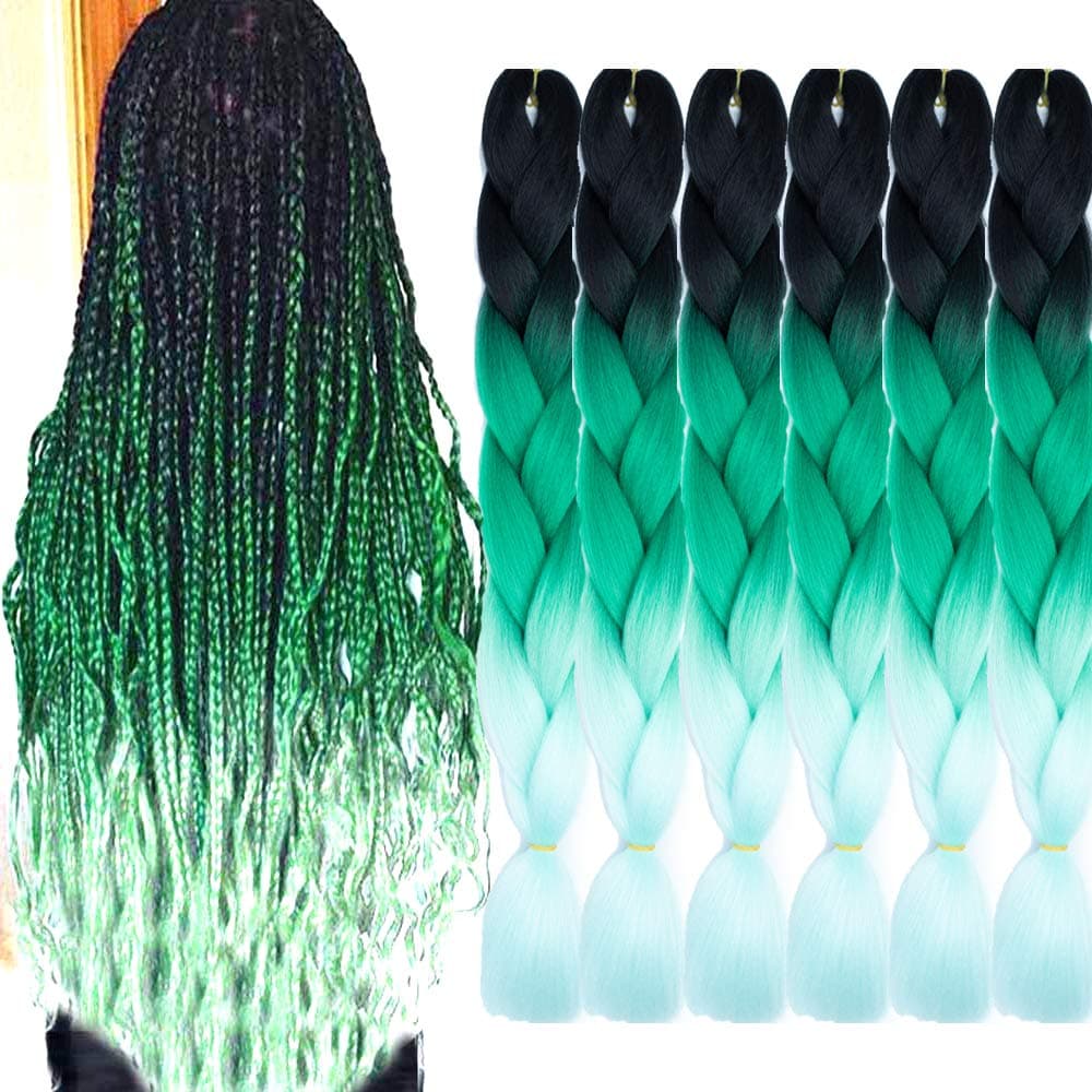 6 Packs Ombre Jumbo Braiding Hair Extensions 24 Inch High Temperature Synthetic Fiber Hair Extensions for Box Braids Braiding Hair (Black to Green to Light Green)