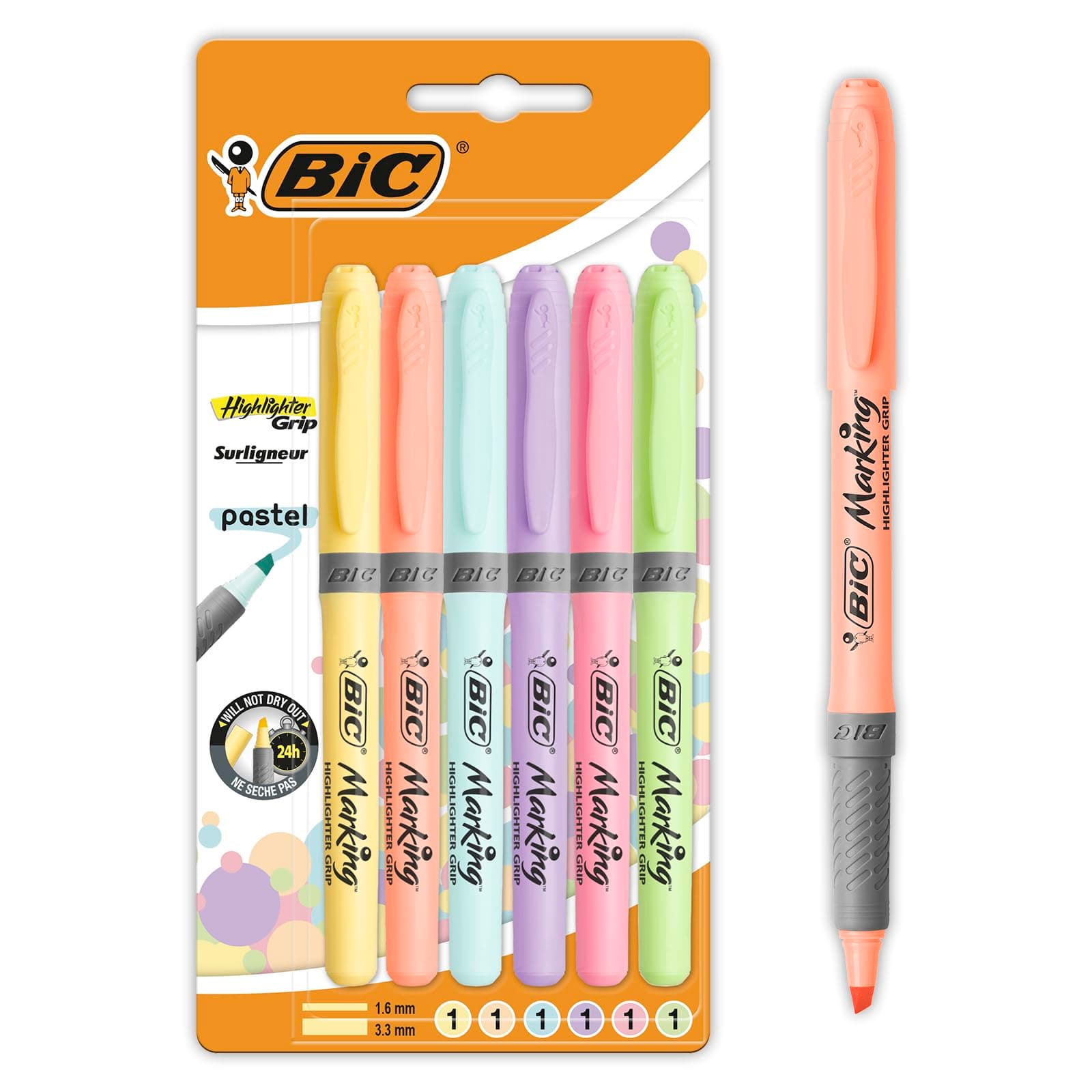Highlighter Grip Pastel, Highlighter Pens with Adjustable Chisel Tip, Rubber Grip for Extra Comfort, Assorted Colours, Pack of 6