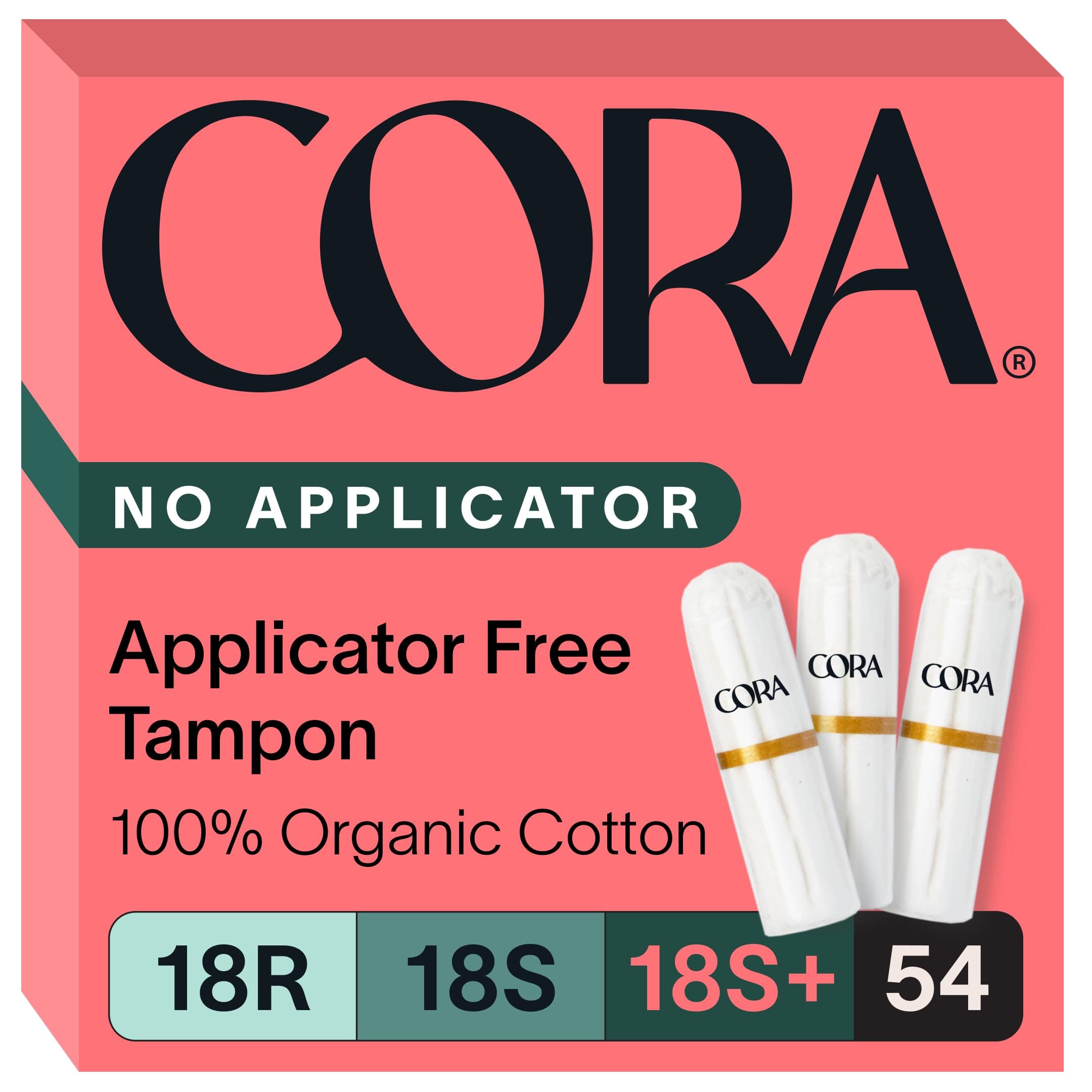 Cora Organic Cotton Non Applicator Tampons Chlorine & Toxin Free Variety Pack Regular, Super, Super Plus (54 Pack)