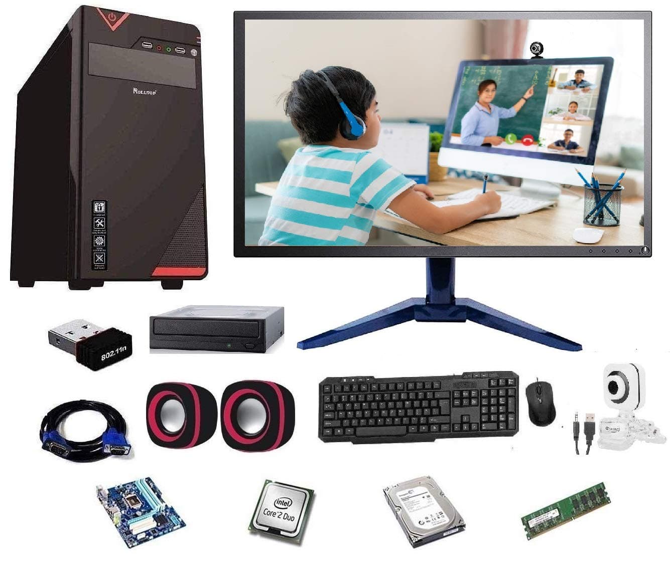 Rolltop® Assembled Desktop Computer,Intel Core 2 Duo 3.0 GHZ Processor,G 41 Motherboard, 17" LED Monitor,4GB RAM, DVD,Windows 7 & Office Trial Version with Web Camera Mic Speaker 500 GB