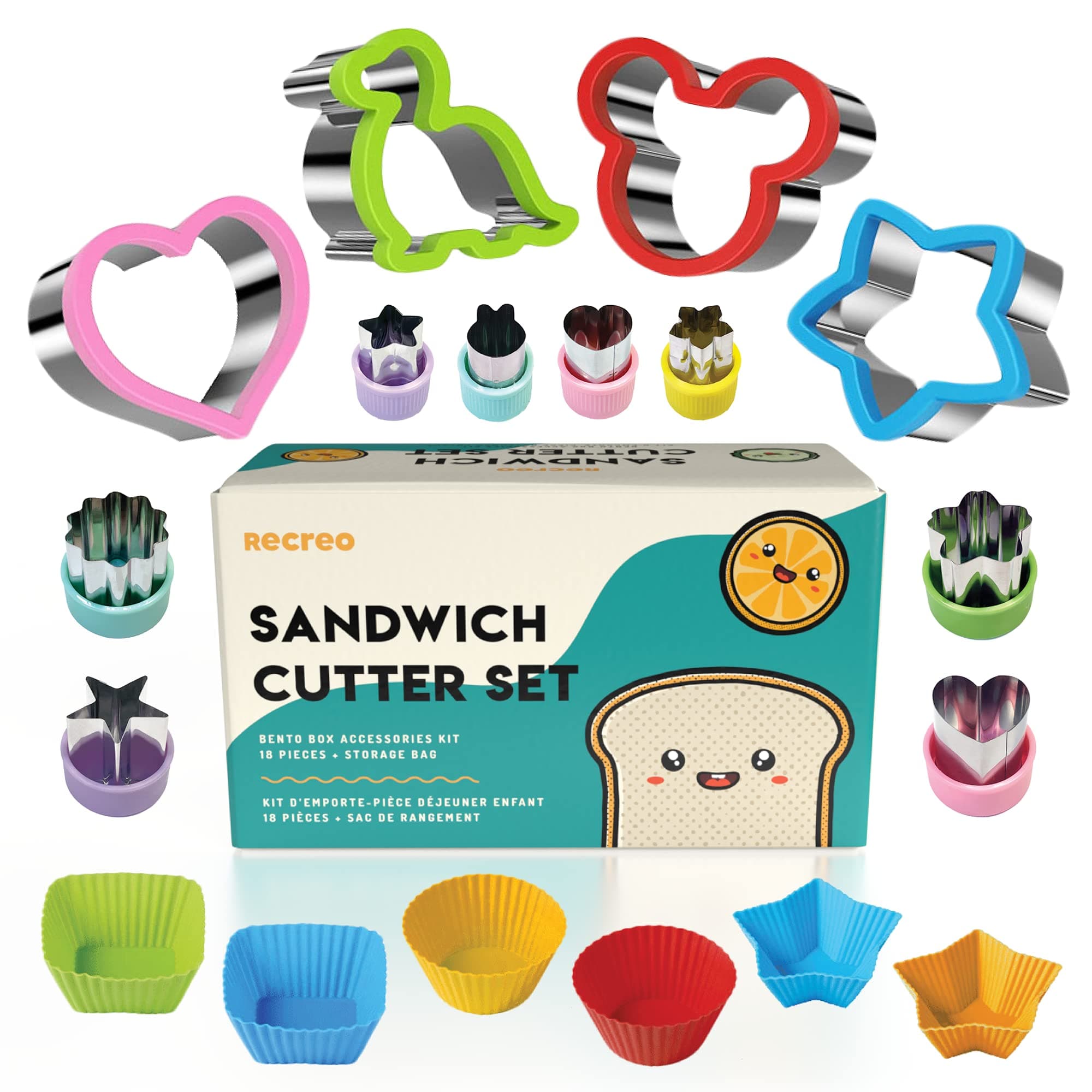 Sandwich Cutter Bento Box Accessories Kit - 18 Pcs Lunch Packing Accessories & Sandwich Cutters for Kids Set - Stainless Steel Food Cutters, Silicone Cups & Storage Bag - FDA Standard BPA Free