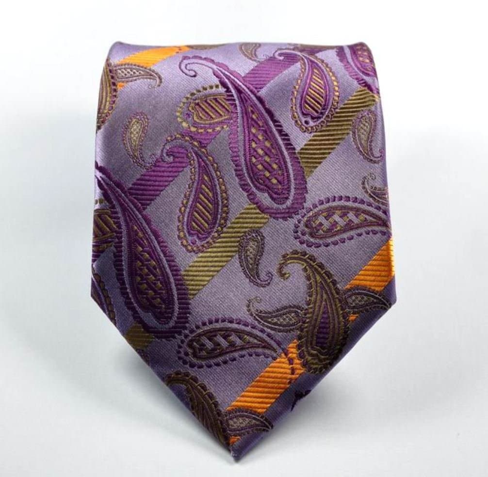 Kristy Tok Collection - Classic Paisley Stripe Purple Gold Brown Series Jacquard Woven Silk Men's Neckties with Designs - CPHQ (Compatible Price & High Quality)