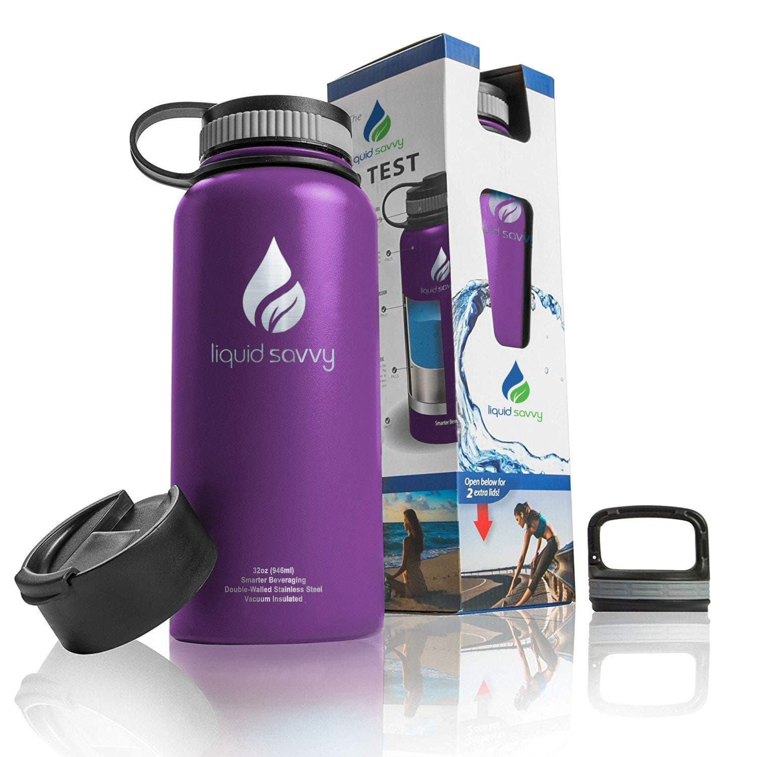 Liquid Savvy 32 oz Insulated Water Bottle with 3 lids - Stainless Steel, Wide Mouth Double Walled Vacuum Insulated Bottle for Hot and Cold Beverages