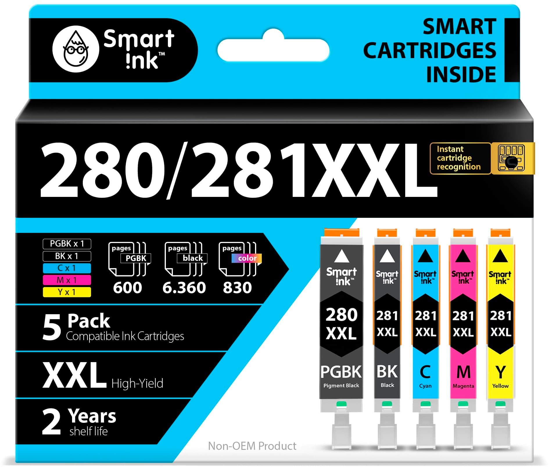 Smart Ink Compatible Ink Cartridge Replacement for Canon PGI-280XXL CLI-281XXL PGI 280 CLI 281 (PGBK & BK/C/M/Y 5 Pack Combo) for Pixma TS6120 TS6220 TS8120 TR7520 TR8520 TS9120 TS8220 TS9520 TS9521C