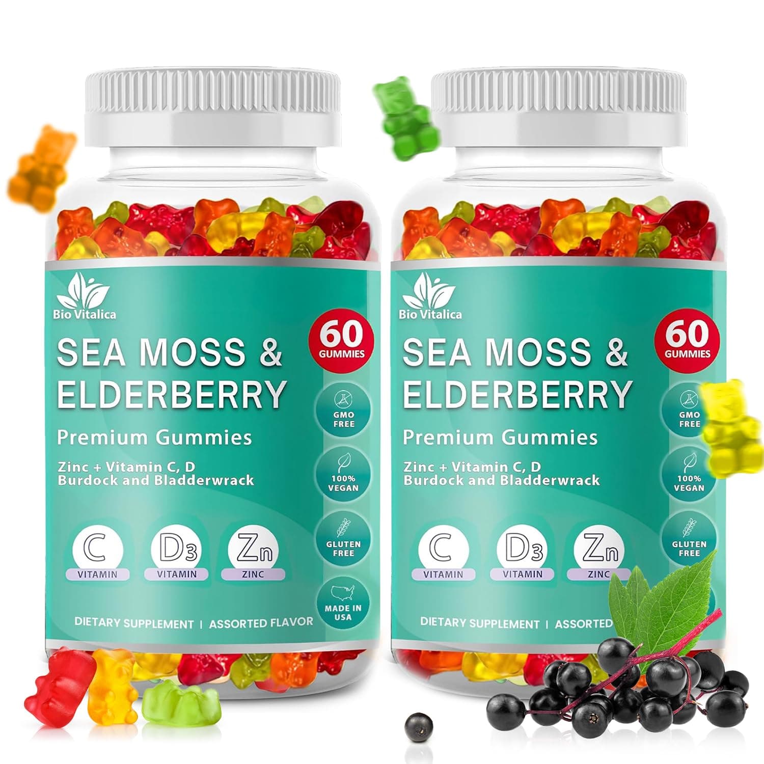 - BIO VITALICA Sea Moss Gummies Elderberry BioVitalica - Vitamin C D + Zinc - Irish Seamoss Vegan Gummy with Sea Moss Gel & Powder for Immunity, Detox - for Adults and Kids (2Packs)