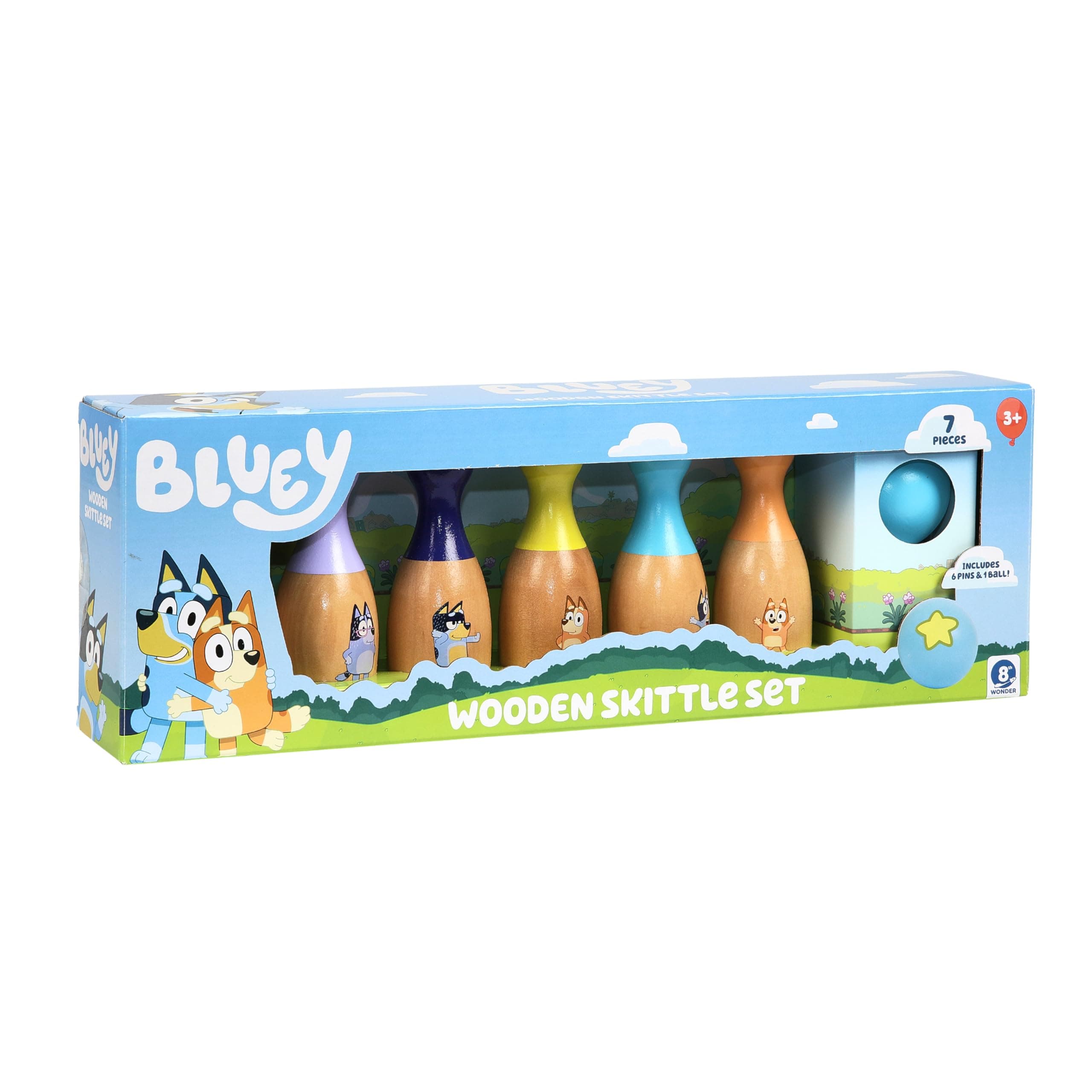BLUEY – Wooden Bowling “Skittles” Set, 6 Pins and 1 Bowling Ball, Indoor & Outdoor Play, FSC Certified, Ages 3+