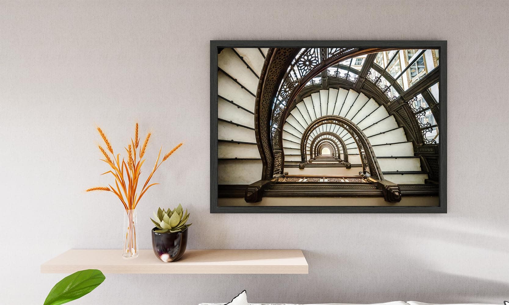 VERRE ART Printed Framed Canvas Painting for Home Decor Office Wall Studio Wall Living Room Decoration (14x10inch Black Floater) - Rookery Building Oriel Staircase
