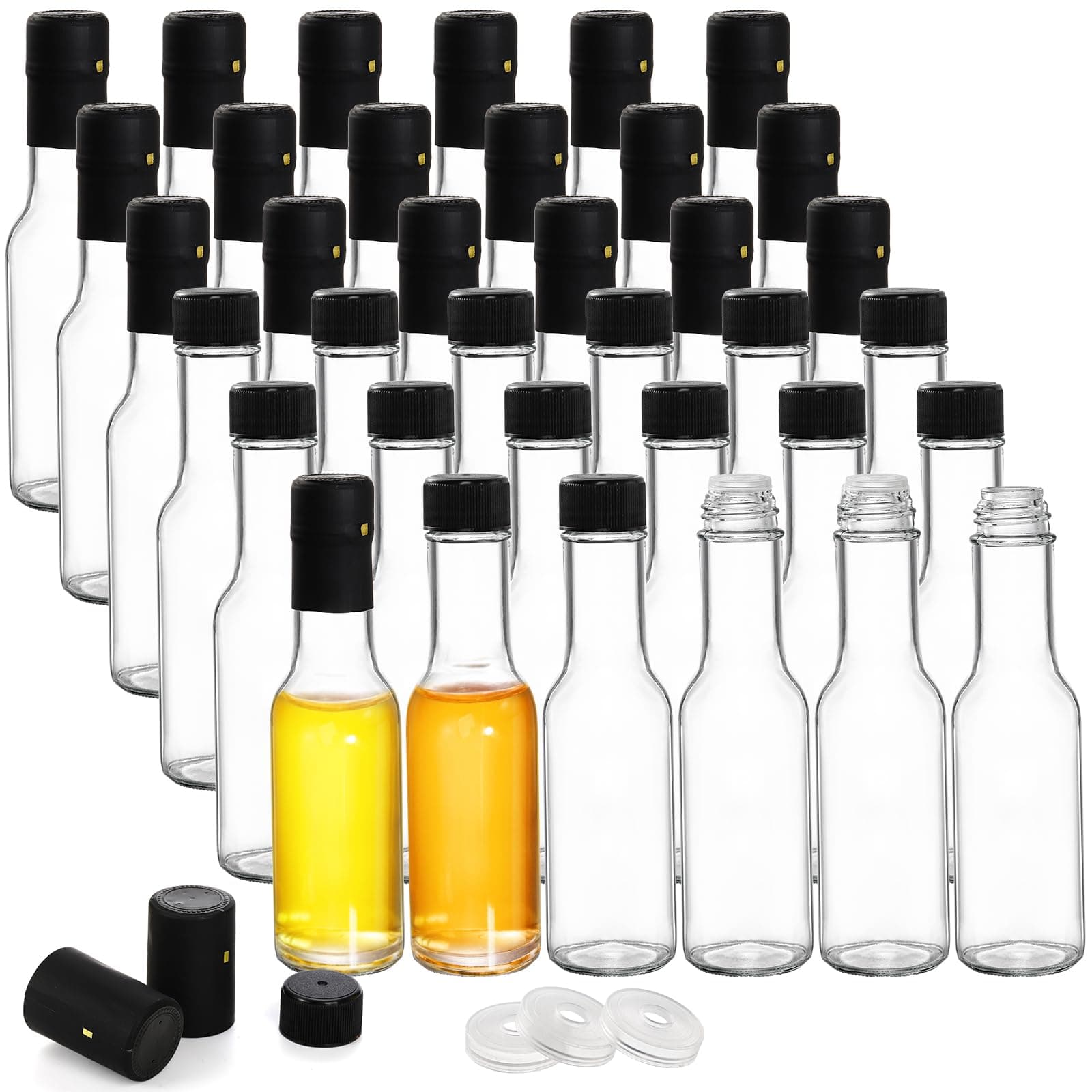 Cedilis 36 Pack Small Glass Bottles, 3oz/100ml Hot Sauce Bottle, Mini Glass Liquor Bottles with Shrink Capsule, Black Screw Caps, Clear Woozy Bottles for Sauces, Oils, Vinegar, Home Brewing, Party