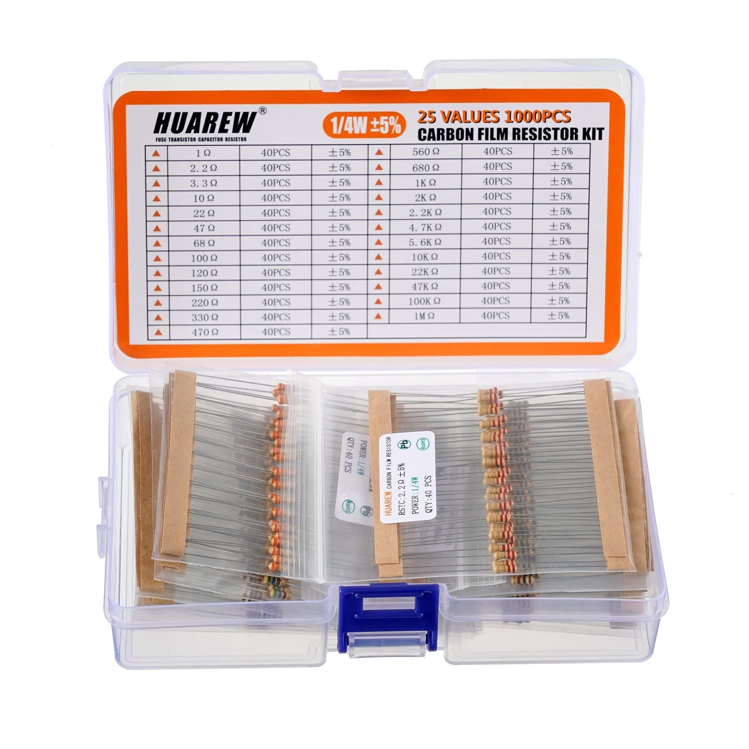 1/4W Carbon Film Resistors Assortment kit 1 Ohm-1M Ohm with 5% 1/4-Watt Resistor Kit (1000 Pcs 25 Values)