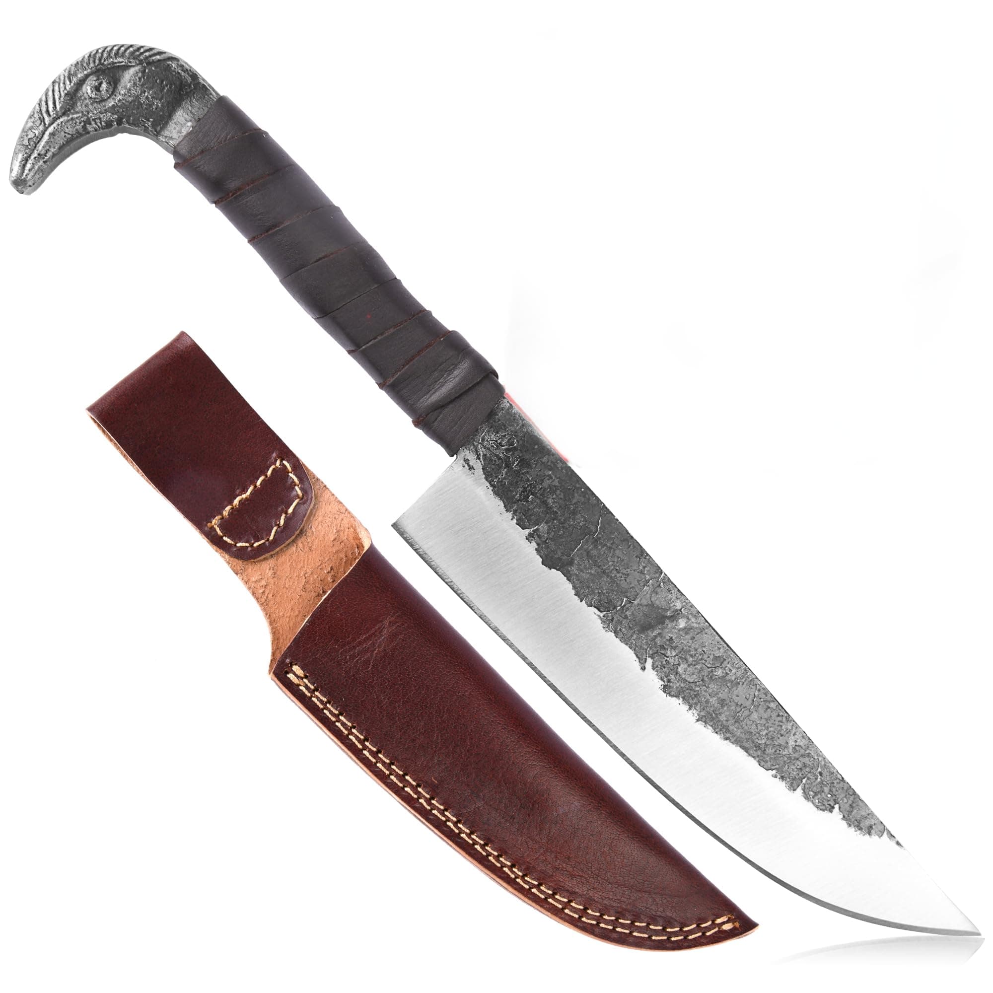 Odin's Raven Norse Viking-styled Knife 10.3" - Hand Forged 6.5" Carbon Steel Blade, Raven's Head Hilt and Leather Sheath - Unique Medieval Seax Style - Norse Knife for Hunting & Camping