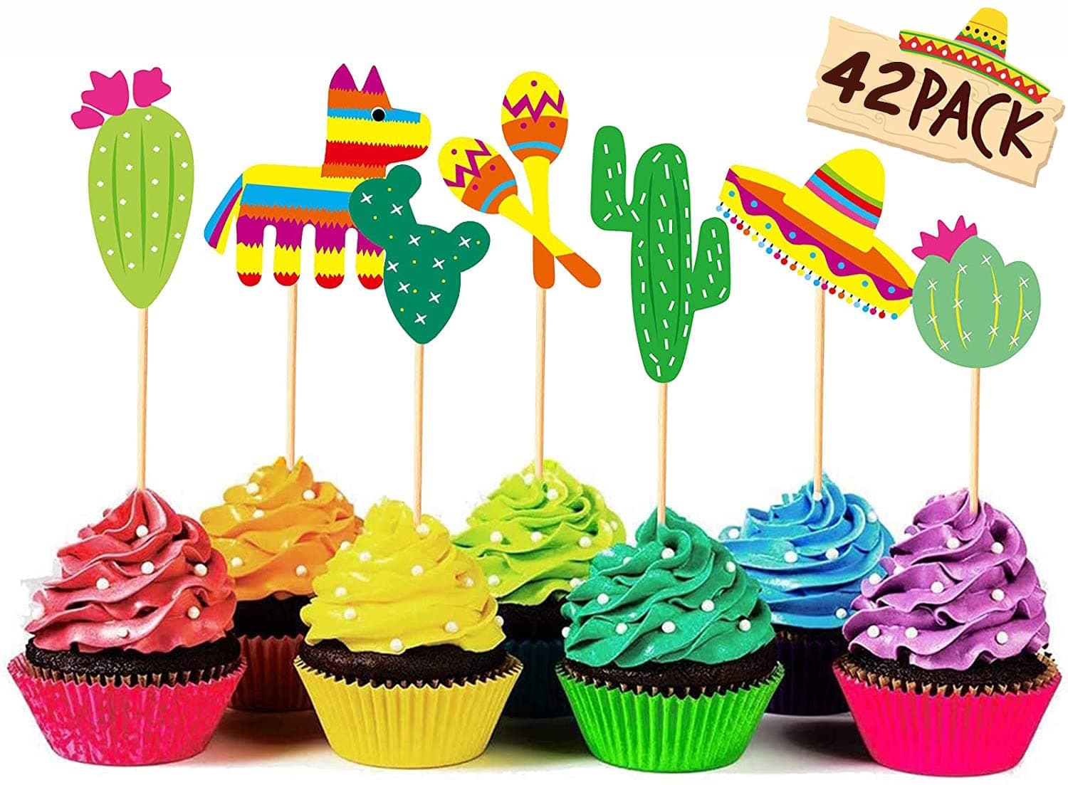 42 Pieces Mexican Fiesta Cupcake Toppers, Cake Picks for Mexican Themed Cactus Donkey Taco Pepper Sombrero Mustache Party Decorations,Baby Shower or Birthday Party Decor